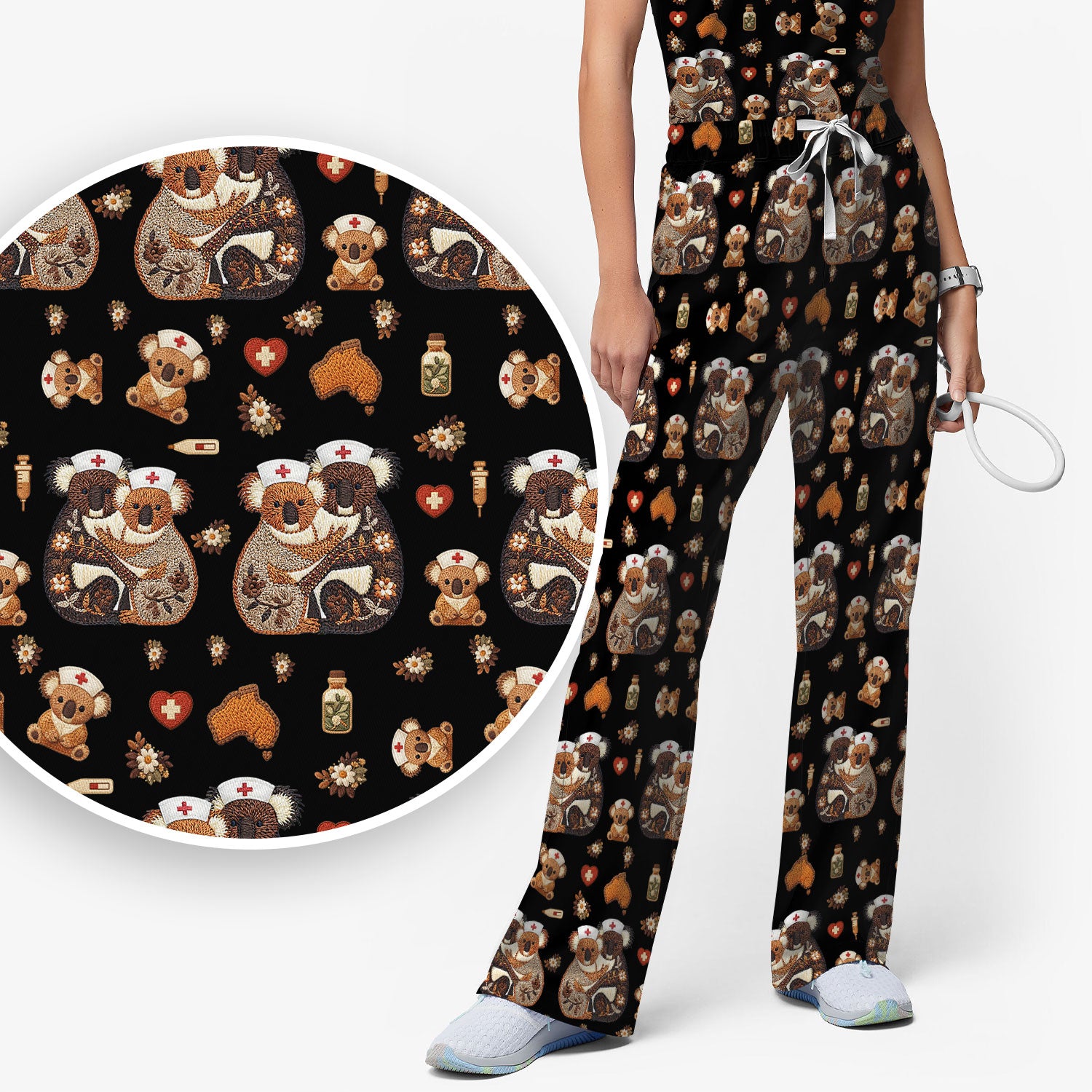 Cute Cartoon Koala Valentine Nurse Design Scrub Set, Breathable Med Uniform