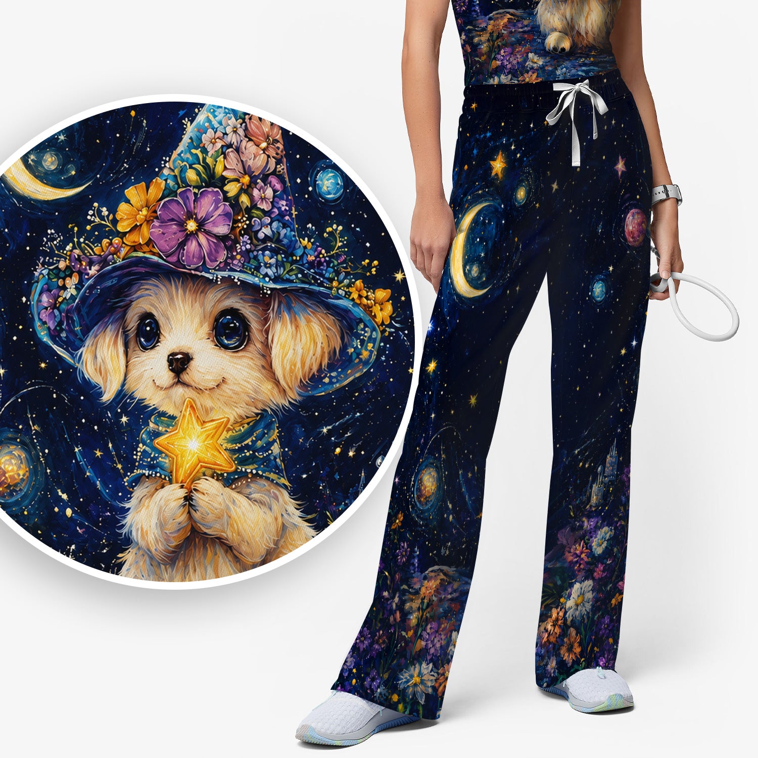 Cute Puppy Wizard Nurse Pattern Scrub Set, Scrub Pants and V Neck Top