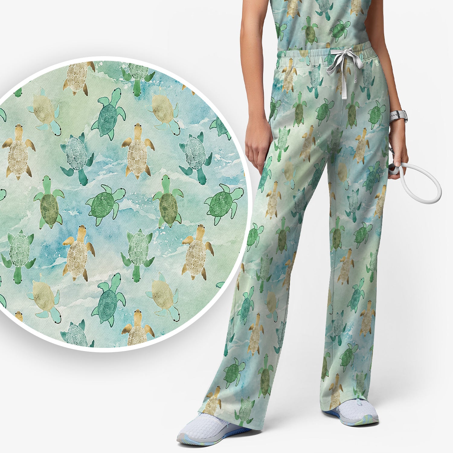 Watercolor Sea Turtle Pattern Scrub Set, Scrub Pants and V Neck Top