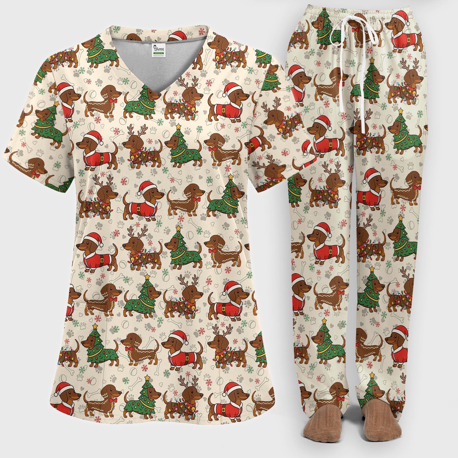 Christmas Weenie Dog Scrub Sets - Xmas Dachshund Scrub Pants - Cute Sausage Puppy V Neck Top - Breathable Med Uniform