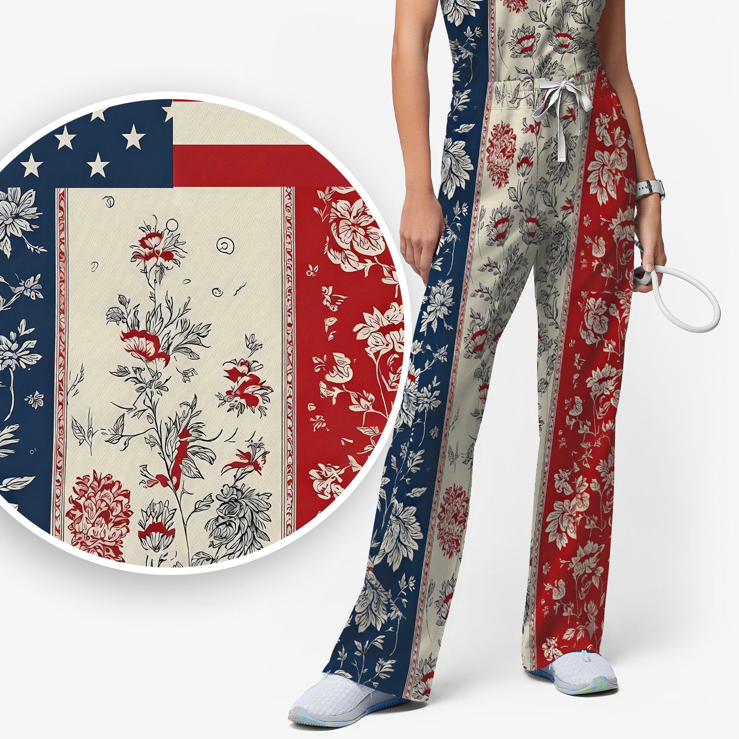 Patriotic Nurse Flag Patchwork Pattern Scrub Set, Scrub Pants and V Neck Top