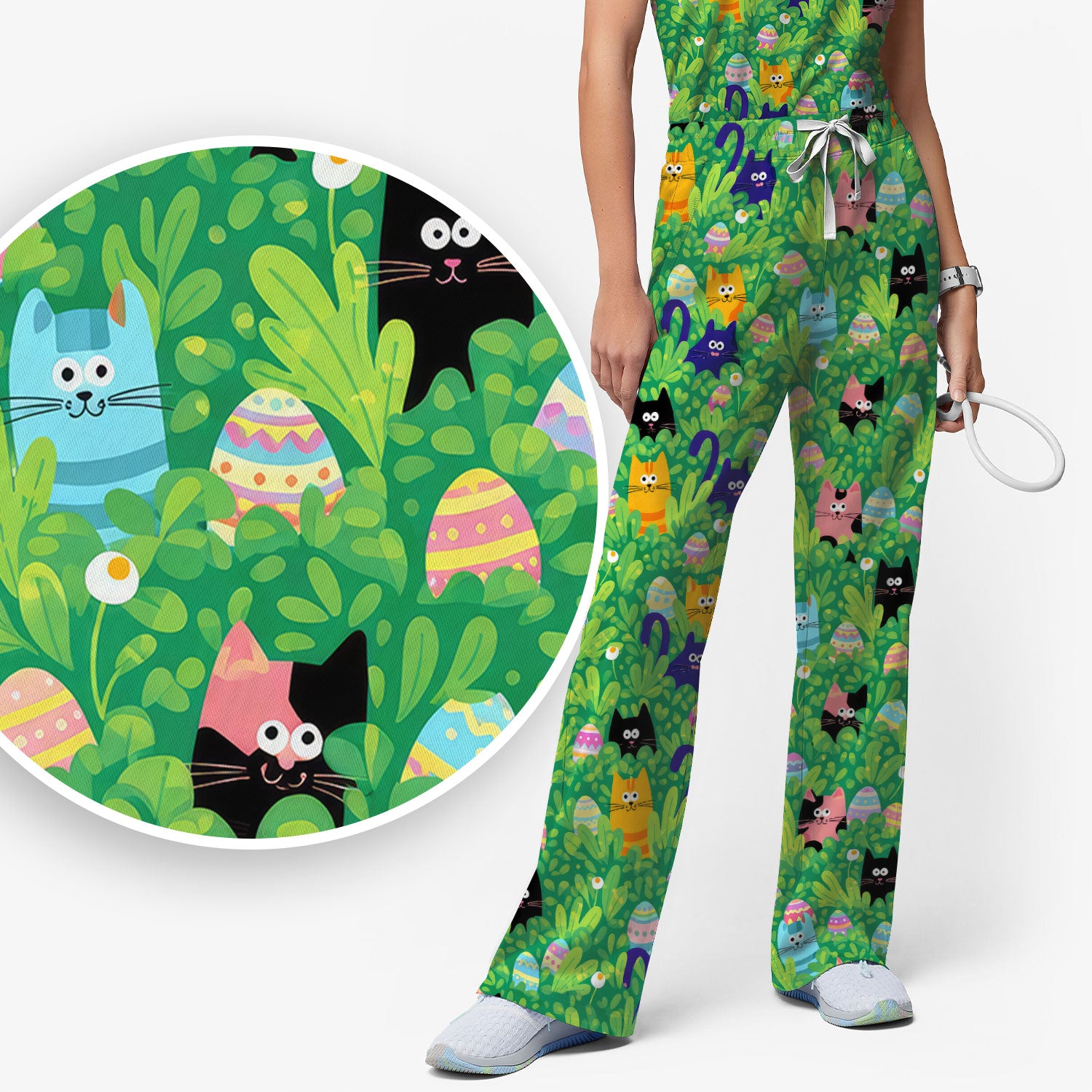 Colorful Easter Cats Green Leaves Print Scrub Sets, Scrub Pants and V Neck Top
