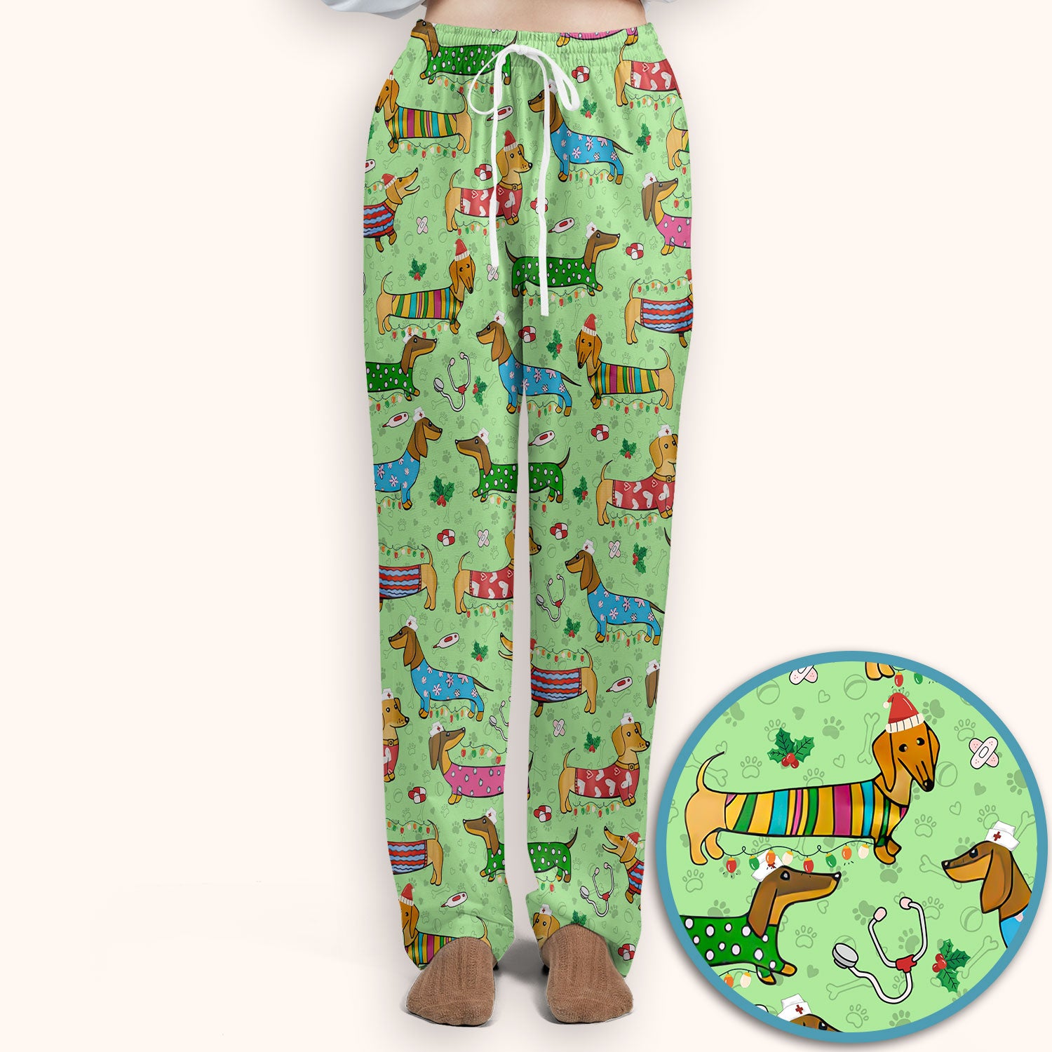 Christmas Scrub Set for Women - Funny Dachshund Scrubs Pants and V Neck Top - Cute Holiday Medical Uniform Gift for RN LPN CNA