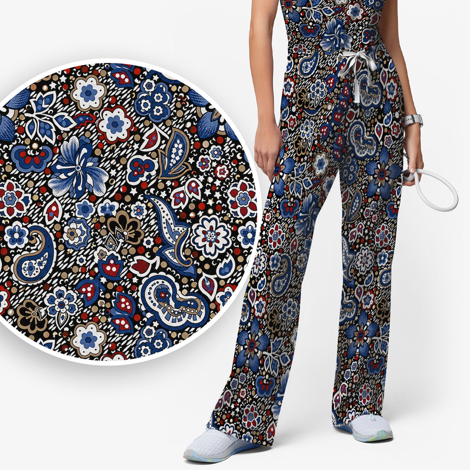 Classic Paisley Floral Pattern Scrub Set, Scrub Pants and V Neck Top