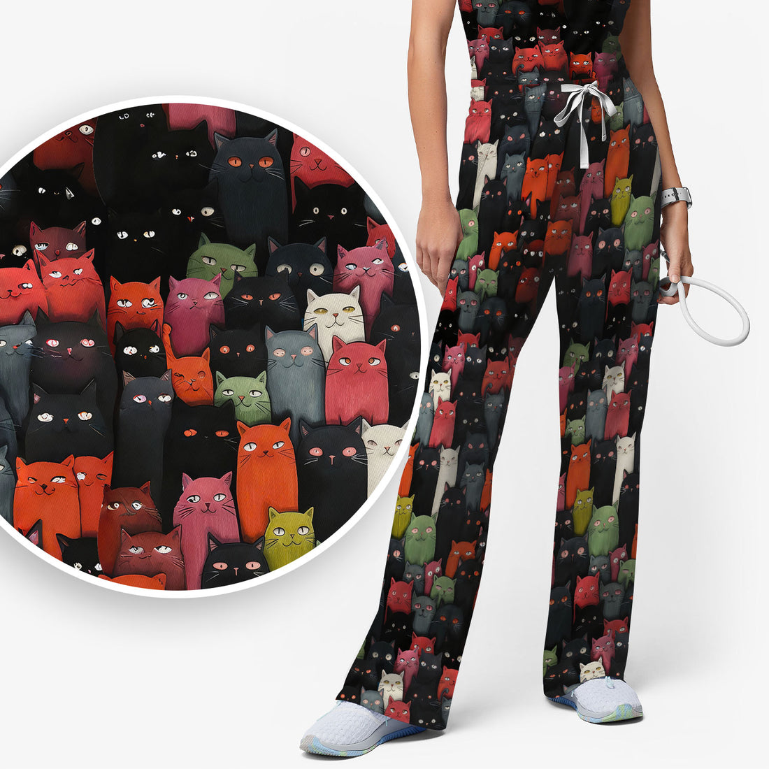 Cat Pattern Nurse Scrub Set, Artistic Cat Nurses Shirt For Women, Breathable Fabrics Nursing Uniform