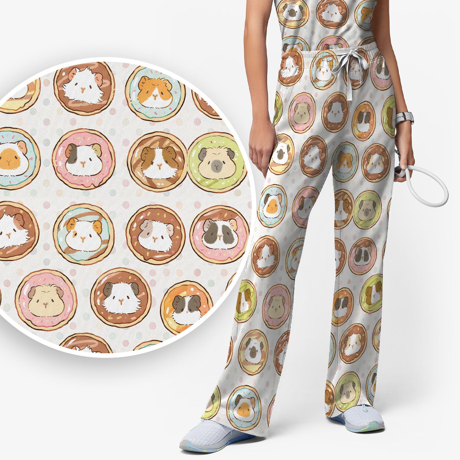 Cute Guinea Pig Donut Circle Pattern Scrub Set, Scrub Pants and V Neck Top