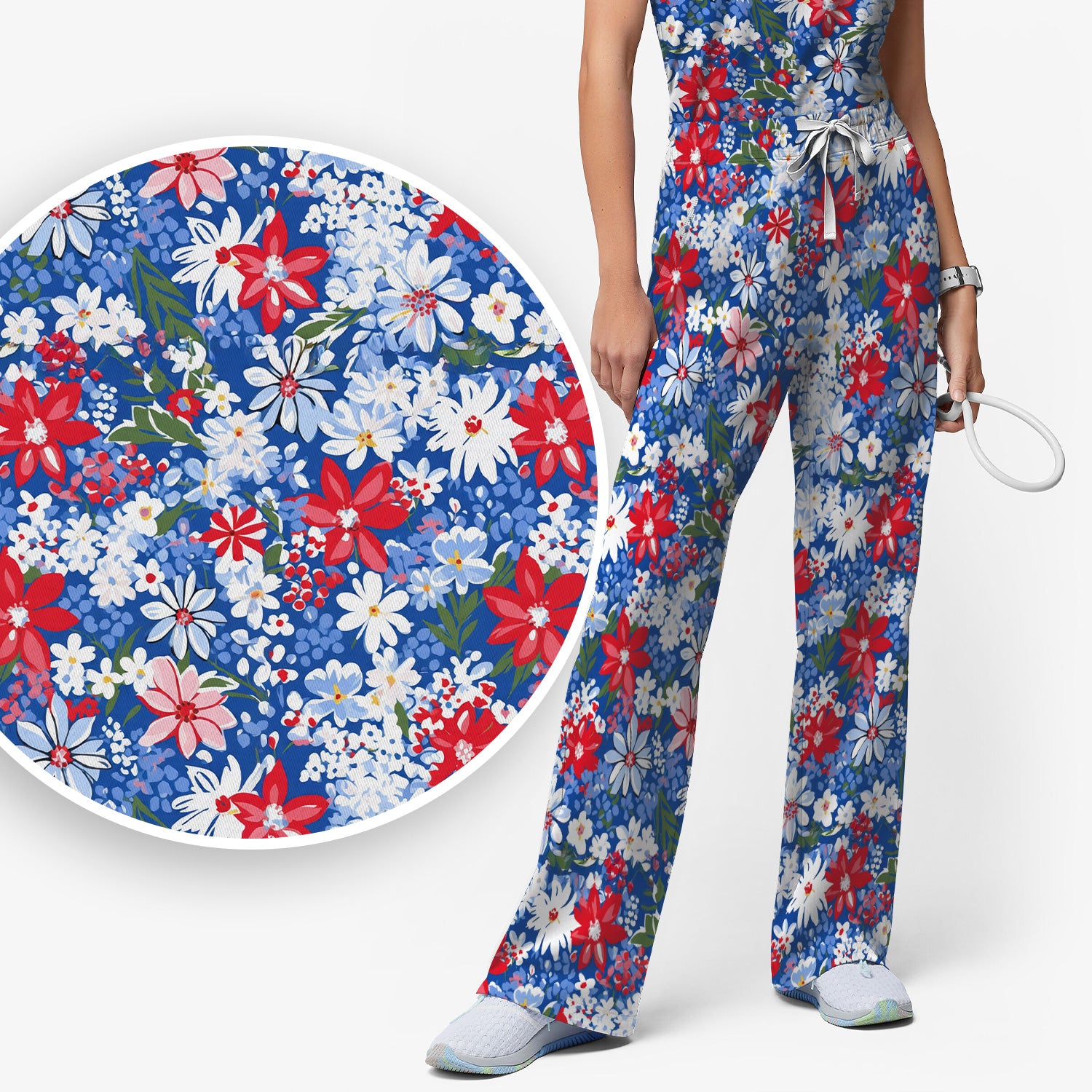 Patriotic Red White Blue Floral Garden Print Scrub Set, Scrub Pants and V Neck Top