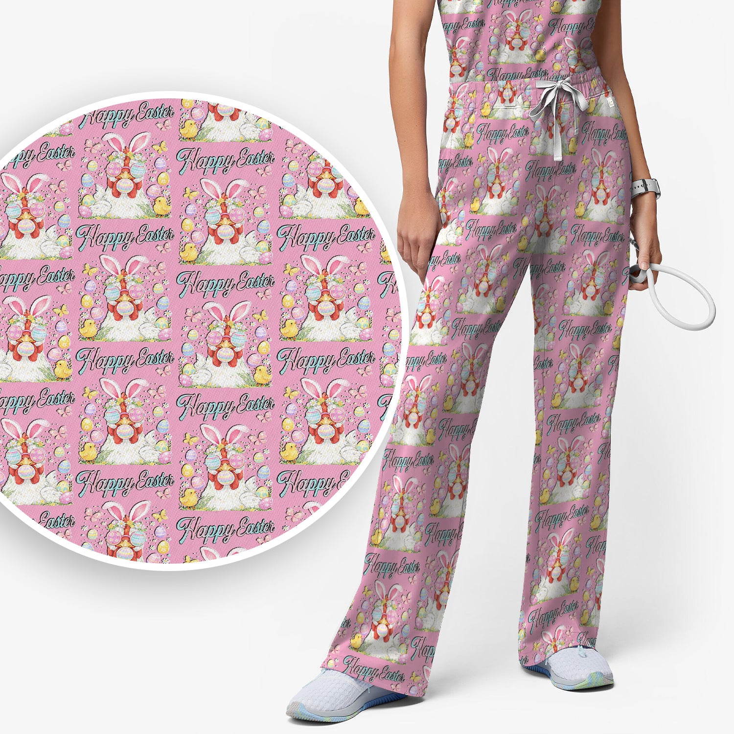Happy Easter Bunny Eggs Pattern Scrub Set, Scrub Pants and V Neck Top