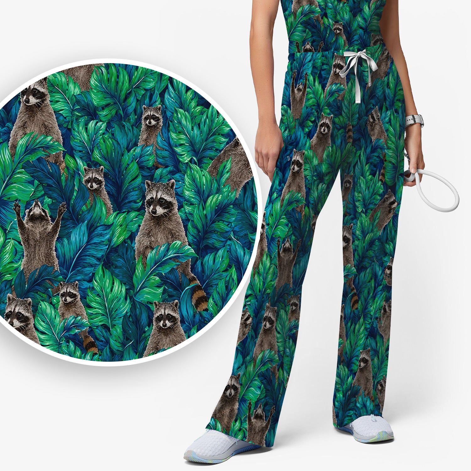 Tropical Raccoon Jungle Leaves Pattern Scrub Set, Scrub Pants and V Neck Top