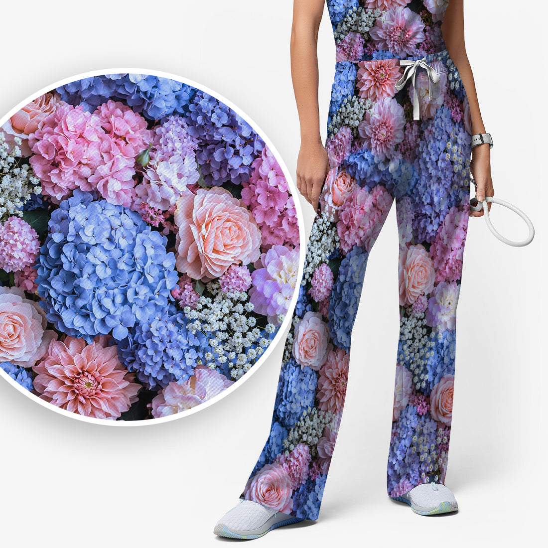Cute Pastel Hydrangea Rose Blossom Pattern Scrub Set, Scrub Pants and V Neck Top
