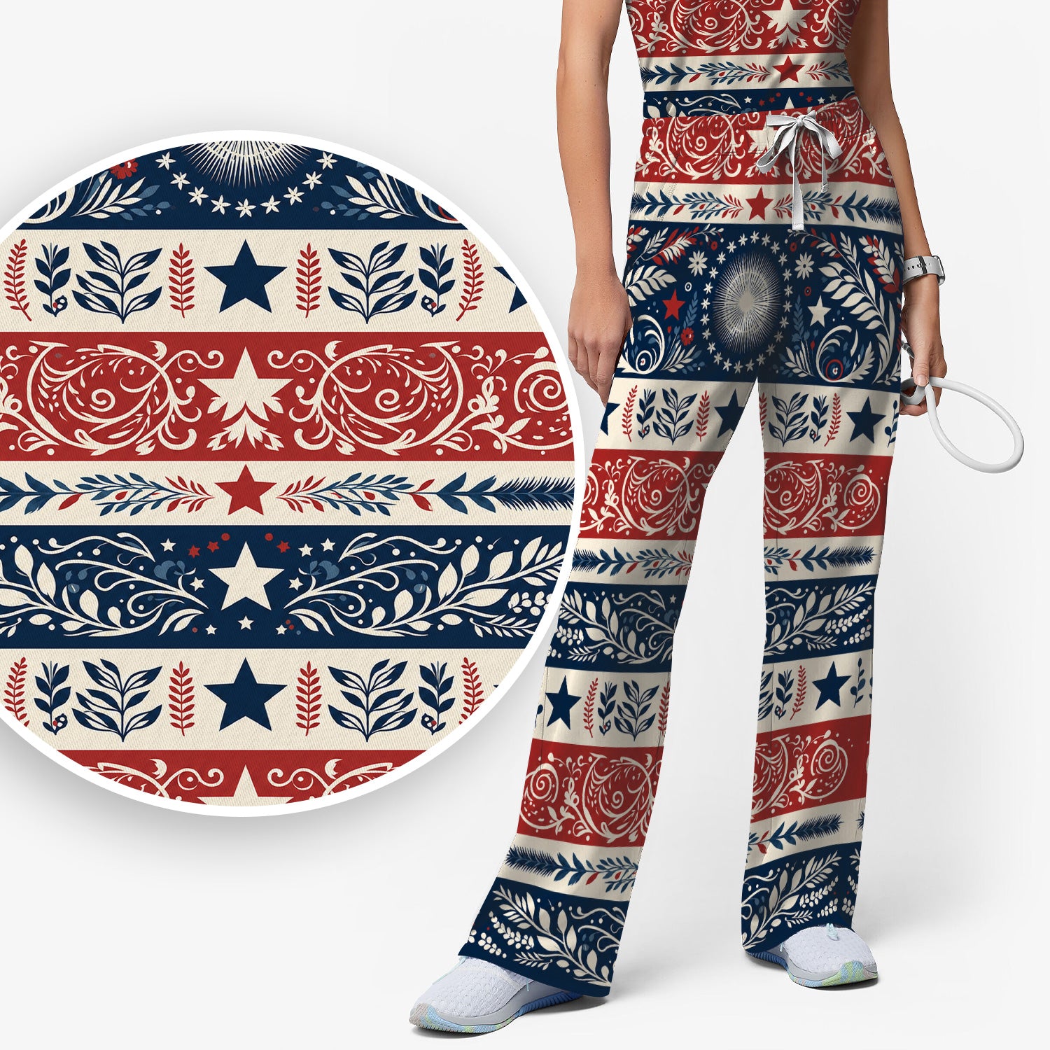 Patriotic Americana Starburst Floral Pattern Scrub Set, Scrub Pants and V Neck Top
