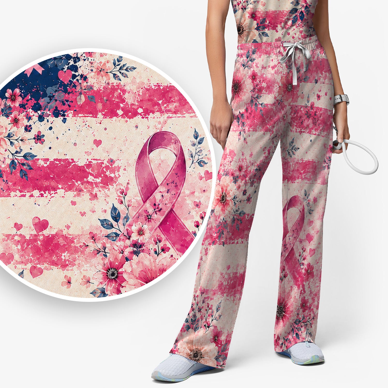 Breast Cancer Floral Flag Scrub Set, Scrub Pants and V Neck Top