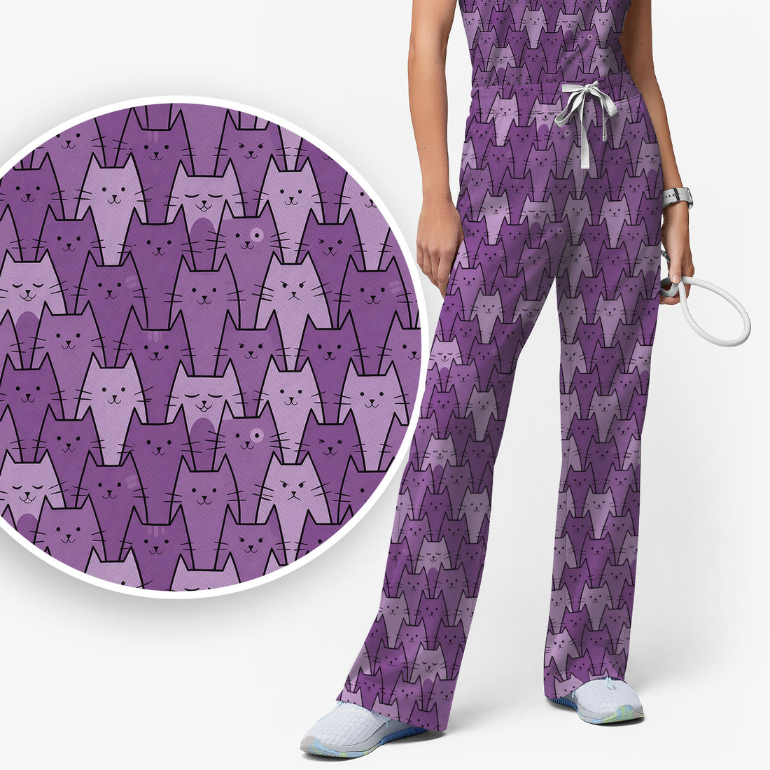 Cute Purple Cats Pattern Scrub Sets, Scrub Pants and V Neck Top