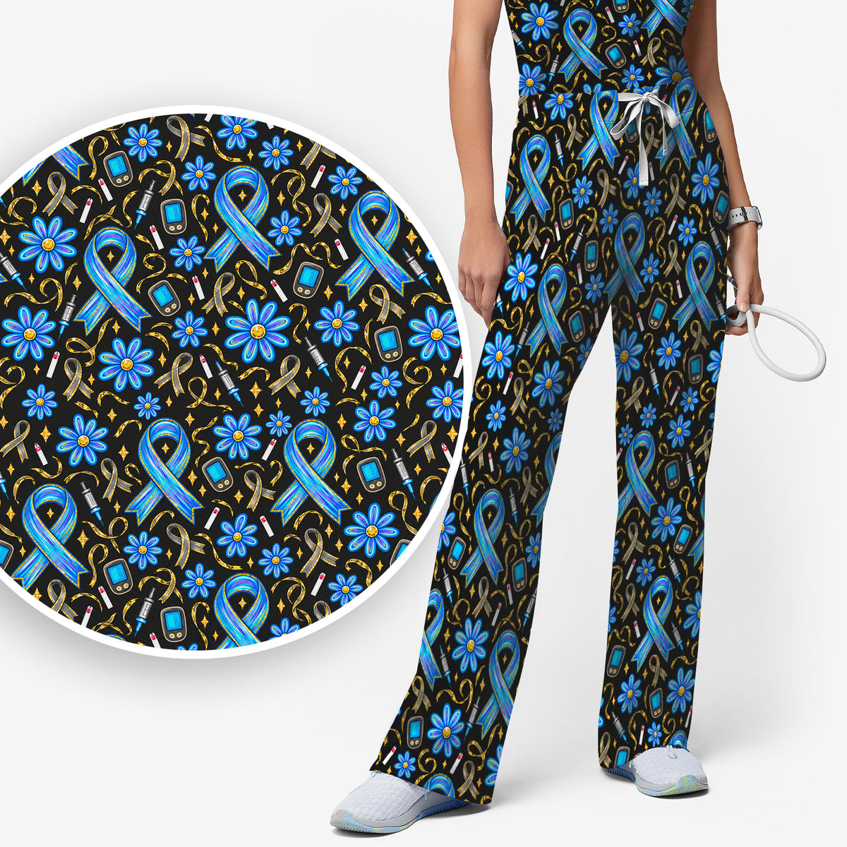 Diabetes Awareness Ribbon Pattern Scrub Set, Scrub Pants and V Neck Top