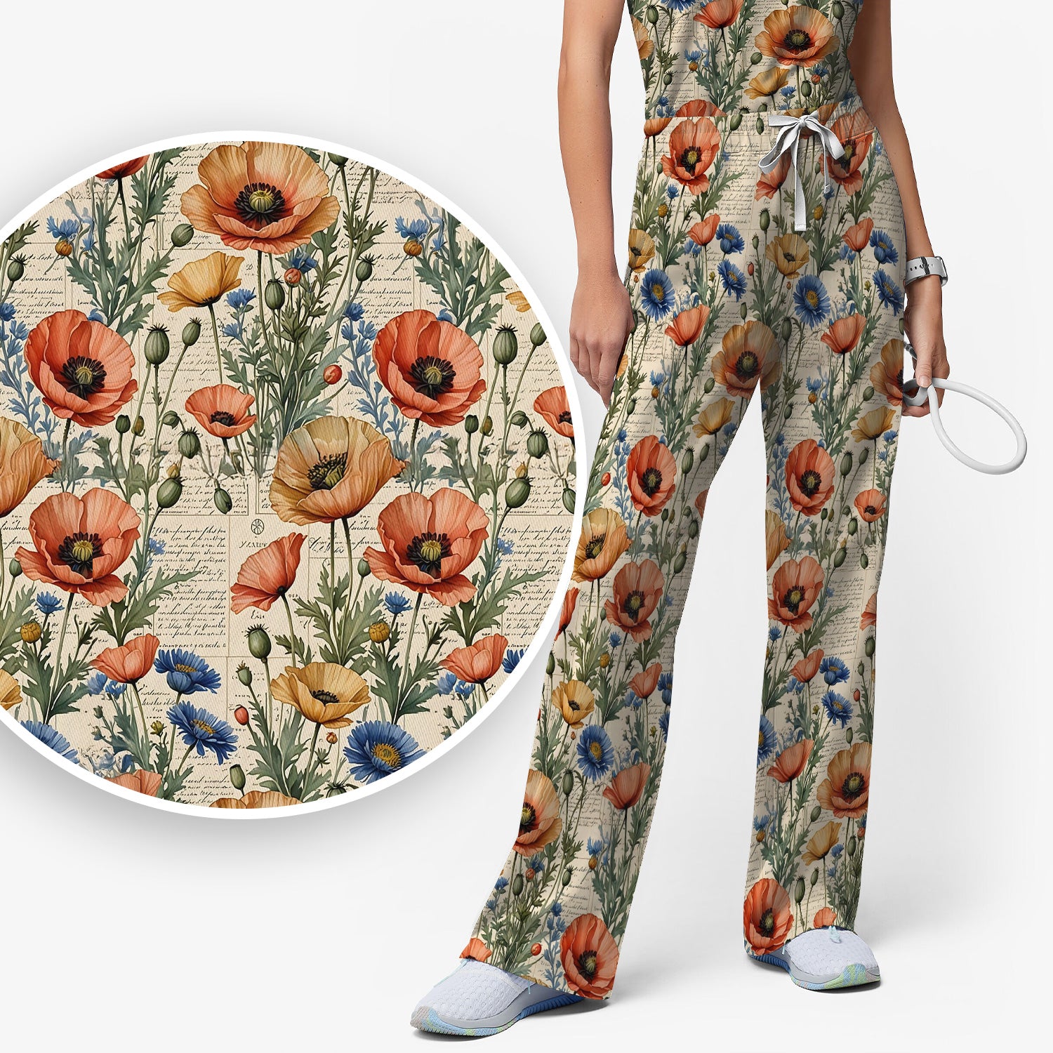 Vintage Poppy Wildflower Script Print Scrub Set, Scrub Pants and V Neck Top