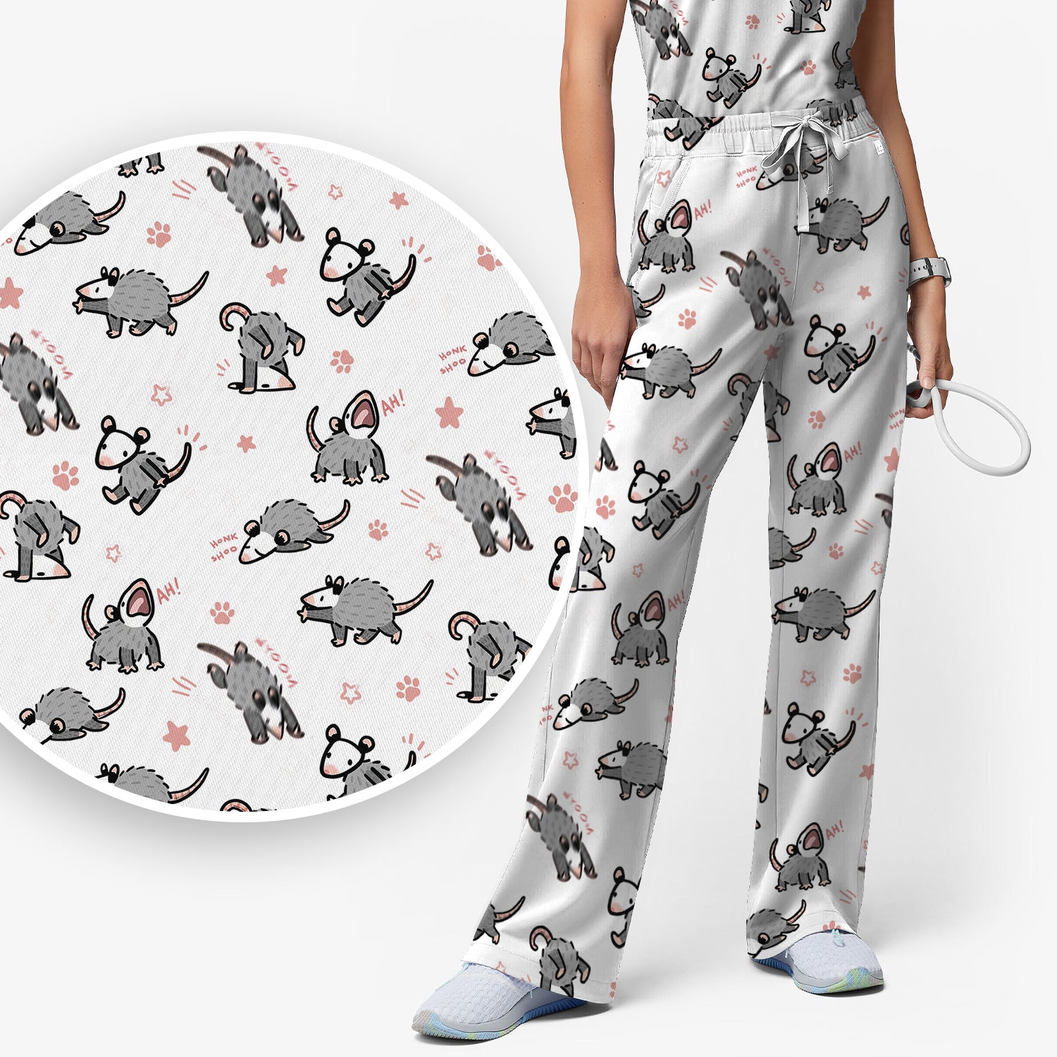 Playful Cartoon Opossum Character Pattern Scrub Set, Women's Scrub Sets