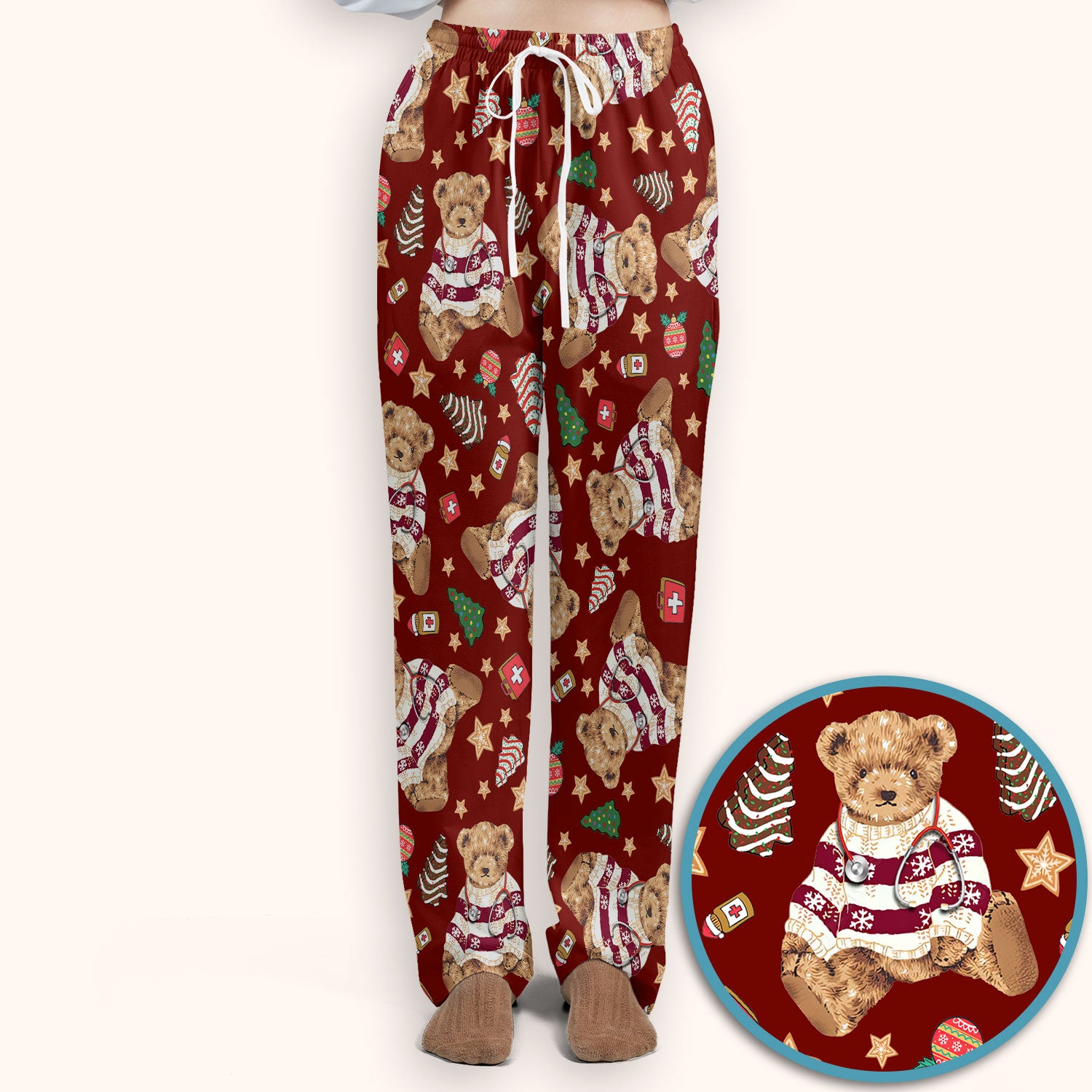 Teddy Bear Christmas Scrub Set - Festive Scrubs Pants and V Neck Top for Women - Gift for Nurses RN CNA LPN