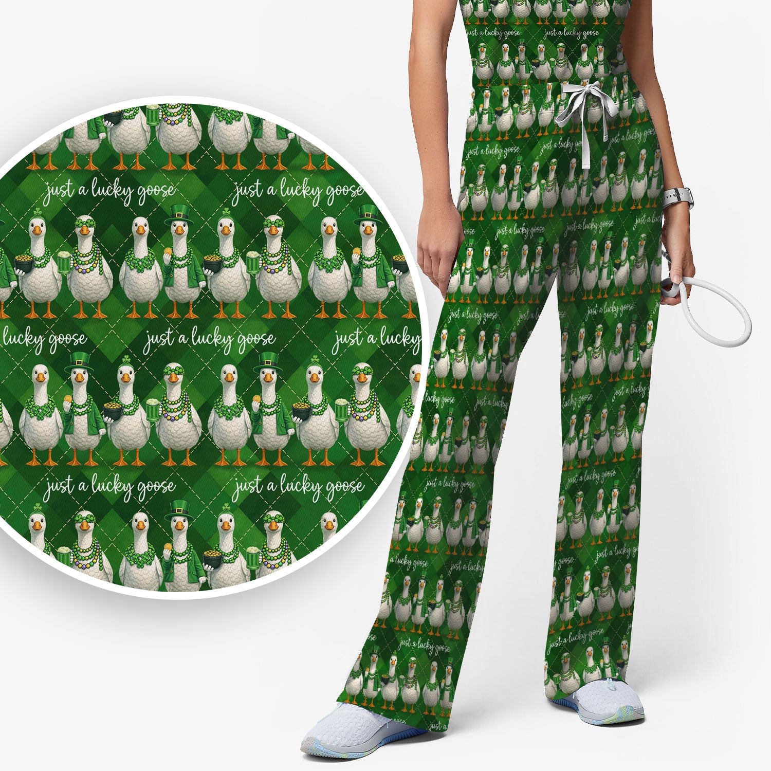 Lucky Goose St Patrick Green Argyle Print Set, Breathable Med Uniform