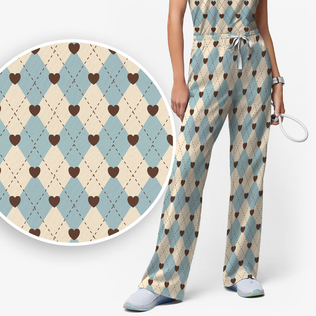 Plaid Heart Pattern Scrubs Sets, Scrub Pants and V Neck Top