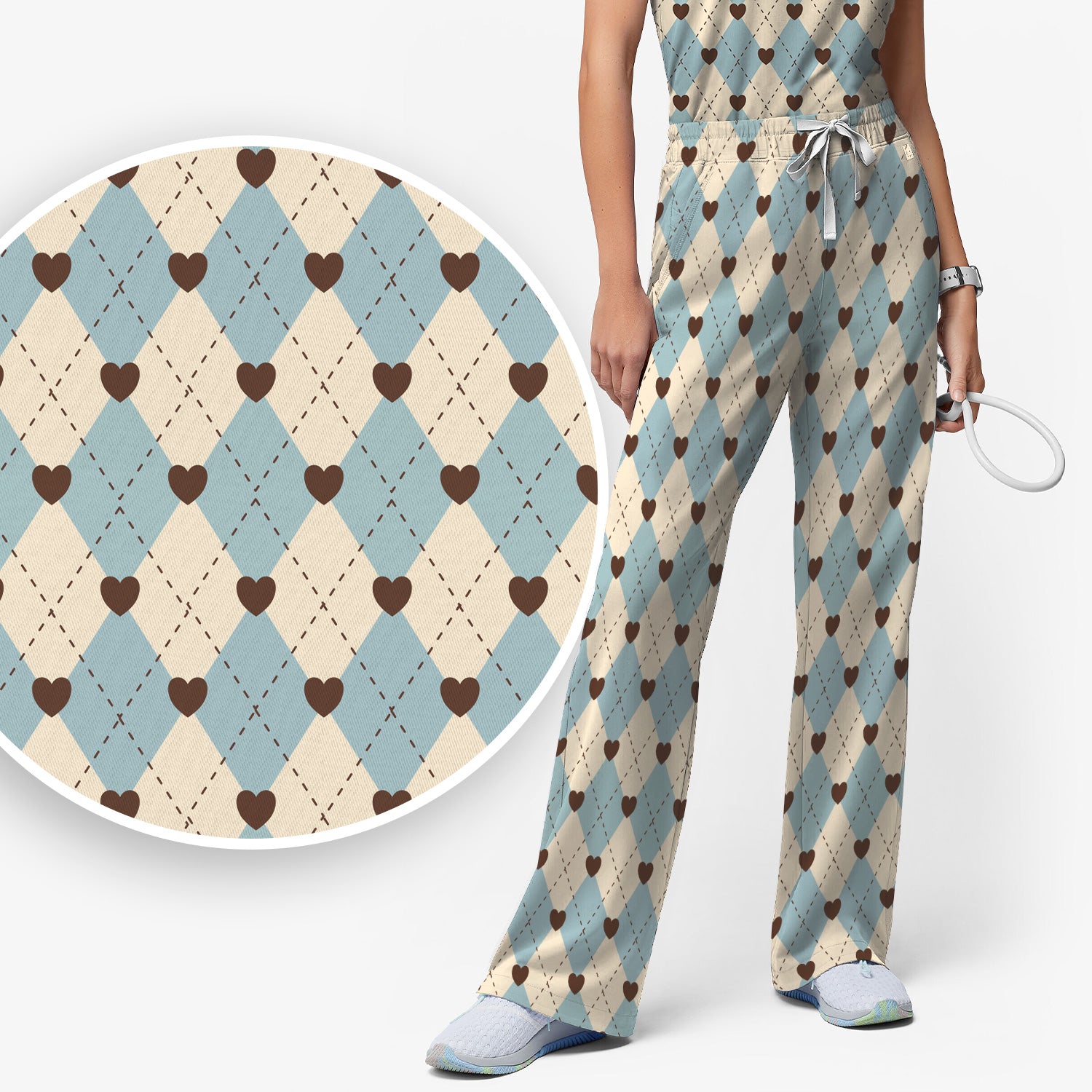 Plaid Heart Pattern Scrubs Sets, Scrub Pants and V Neck Top