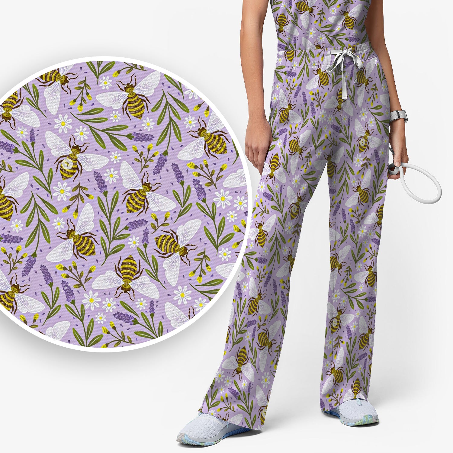 Cute Lavender Bee Floral Pattern Scrub Set, Scrub Pants and V Neck Top