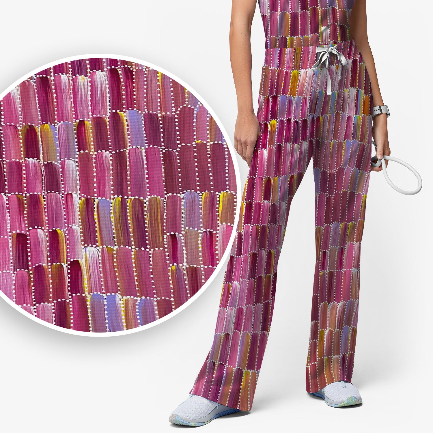 Colorful Abstract Brushstroke Dotted Pattern Scrub Set, Scrub Pants and V Neck Top