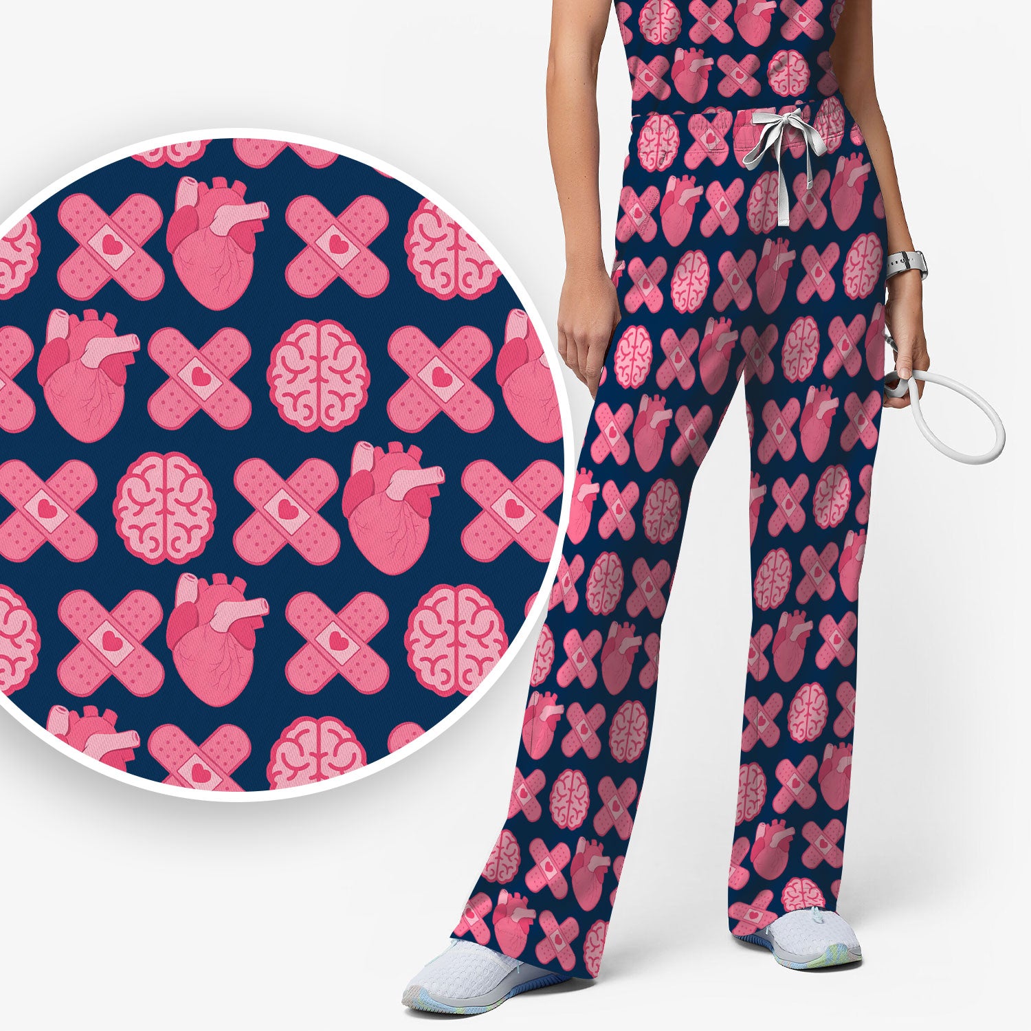 Heart & Brain Medical Icon Pattern Scrub Set, Scrub Pants and V Neck Top