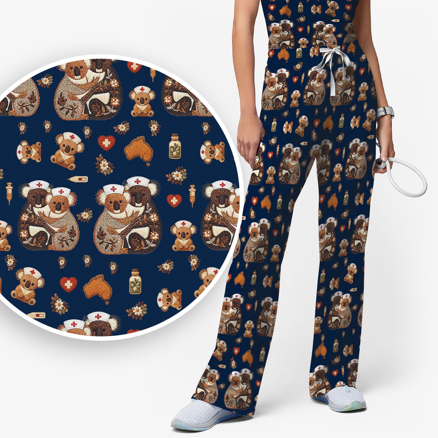 Cute Cartoon Koala Valentine Nurse Design Scrub Set, Breathable Med Uniform