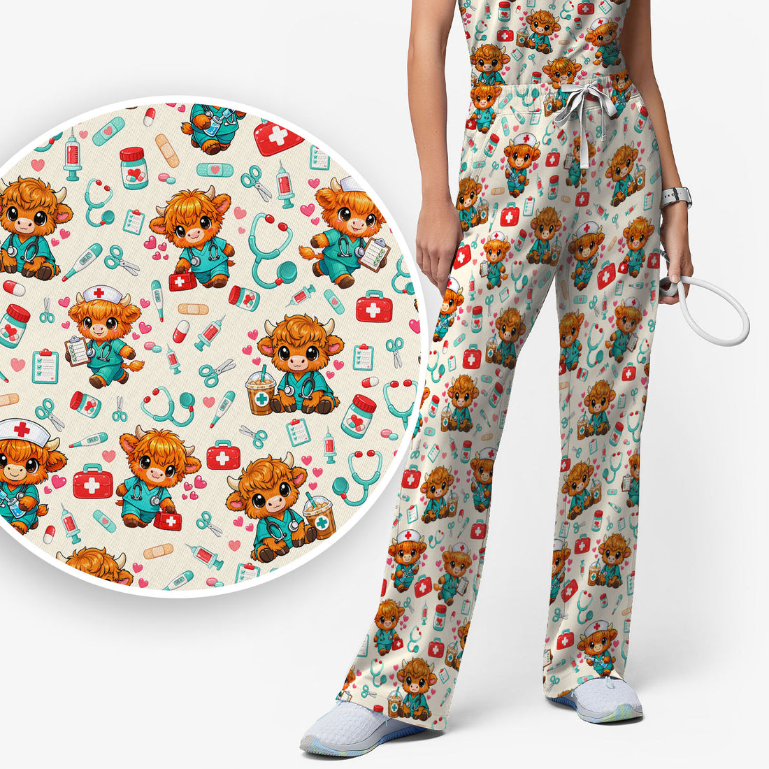 Cute Highland Cow Nurse Scrub Set, Kawaii Medical Pattern Shirt, Breathable Fabrics Nursing Uniform