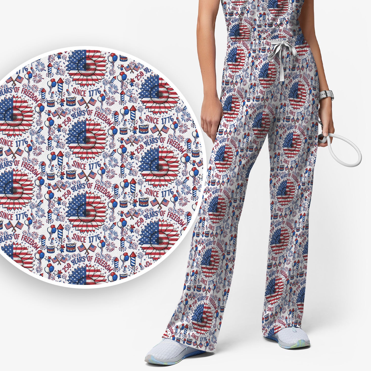 Festive Patriotic Sunflower American Flag Fireworks Pattern Scrub Set, Breathable Med Uniform