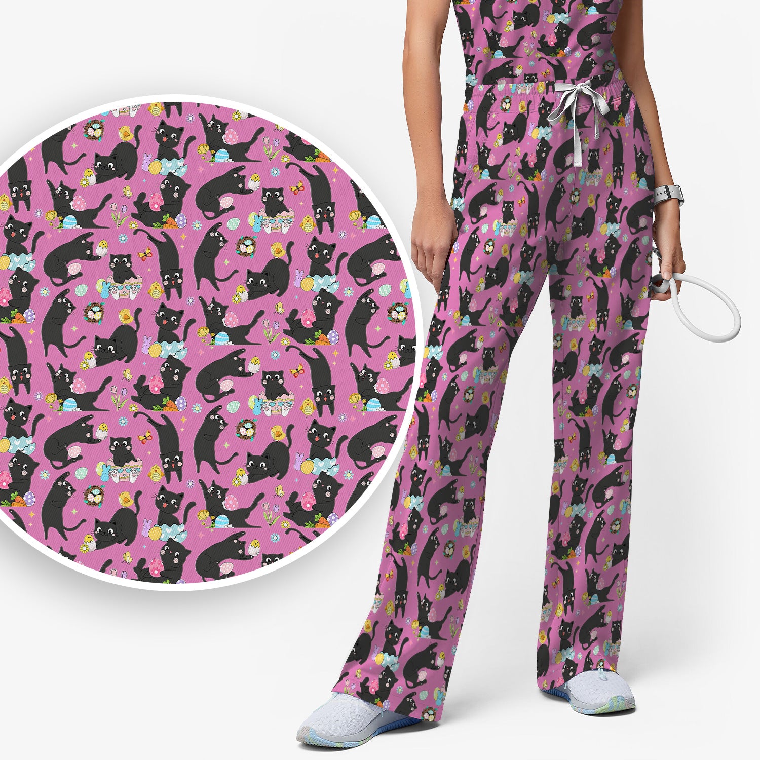 Playful Black Cat Easter Egg Pattern Scrub Set, Scrub Pants and V Neck Top