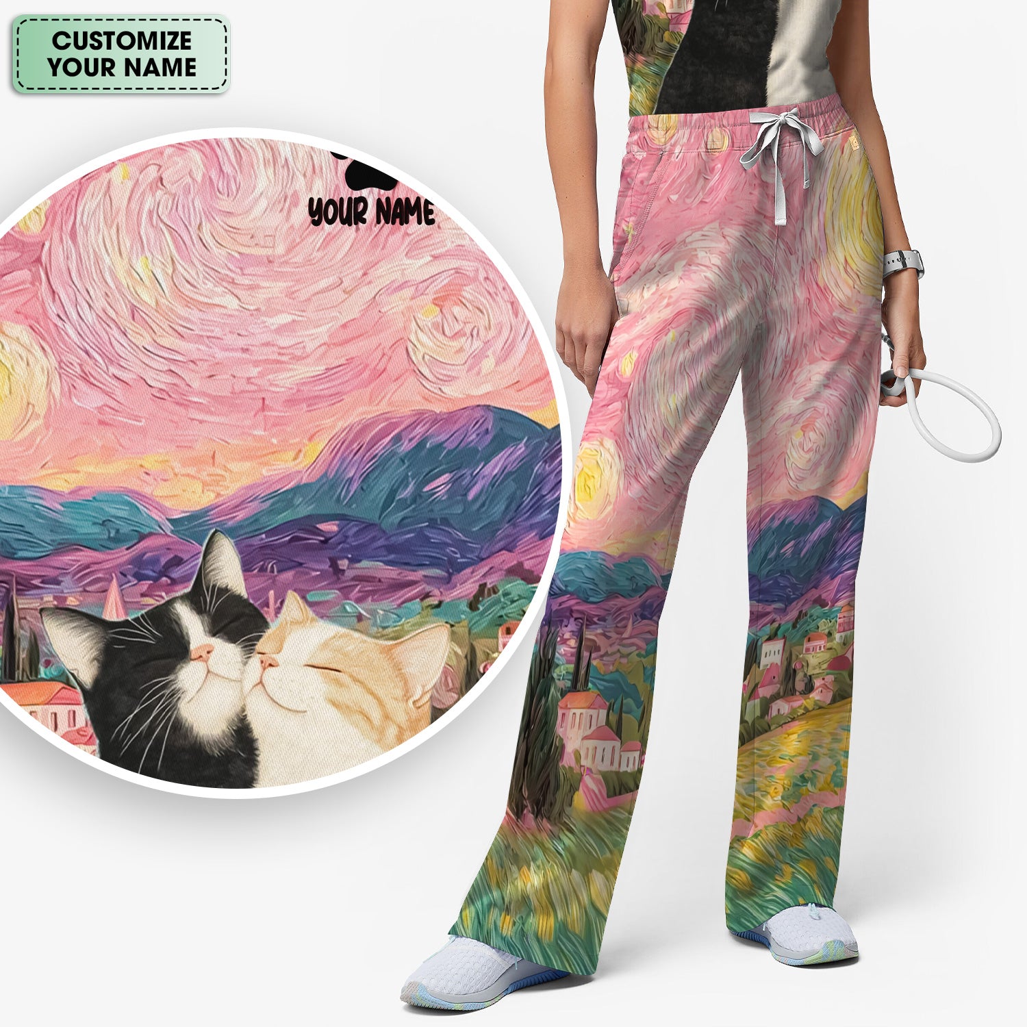 Personalized Cat Couple Sunset Swirl Sky Landscape Pattern Scrub Set, Scrub Pants and V Neck Top