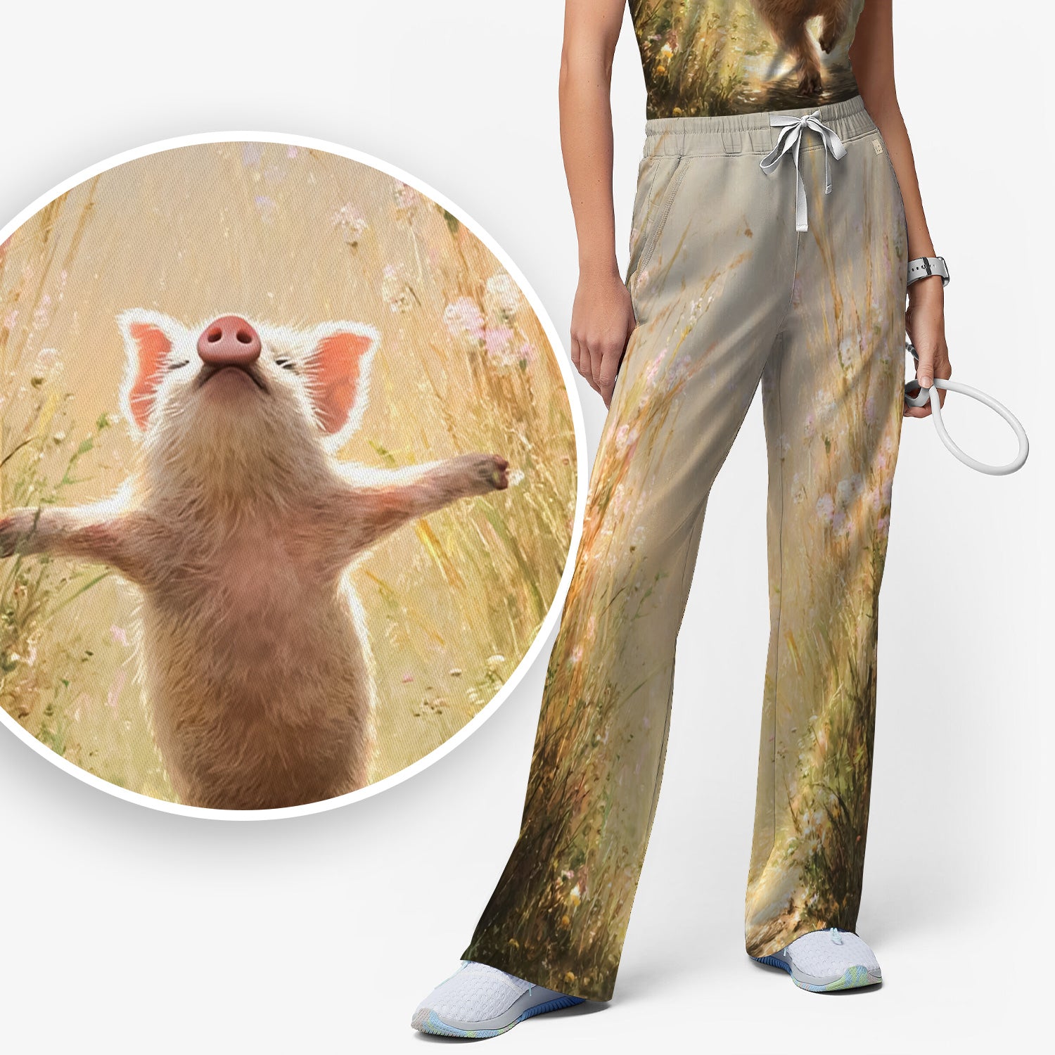 Happy Pig Running Meadow Pattern Nurse Scrub Set, Scrub Pants and V Neck Top