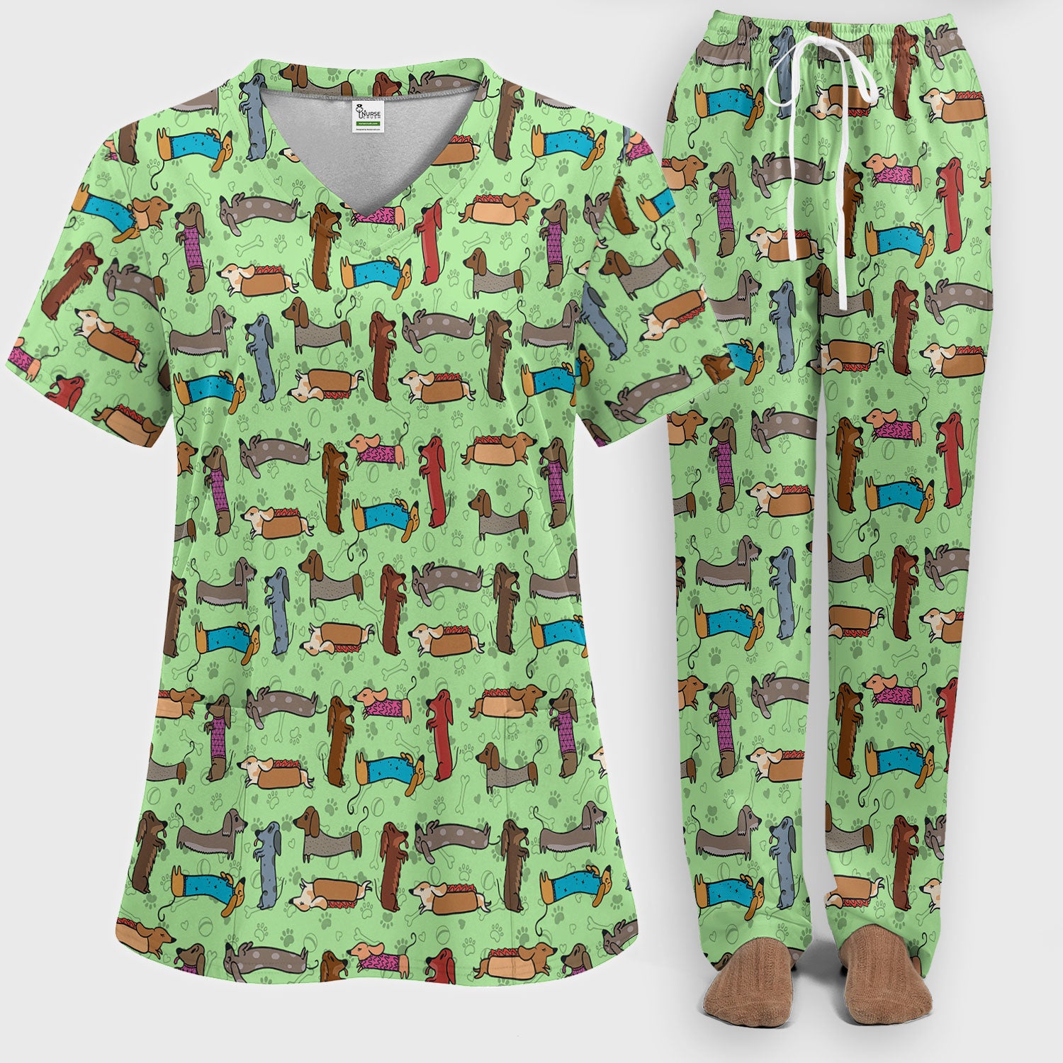 Cute Dachshund Women's Scrub Sets - Funny Sausage Dog Scrub Pants and V Neck Top - Breathable Med Uniform - Nursing Gift