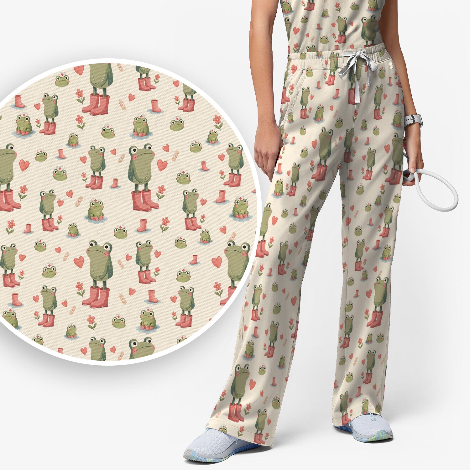 Adorable Frog Boots Heart Pattern Scrub Set, Nurse Uniform Scrubs Set