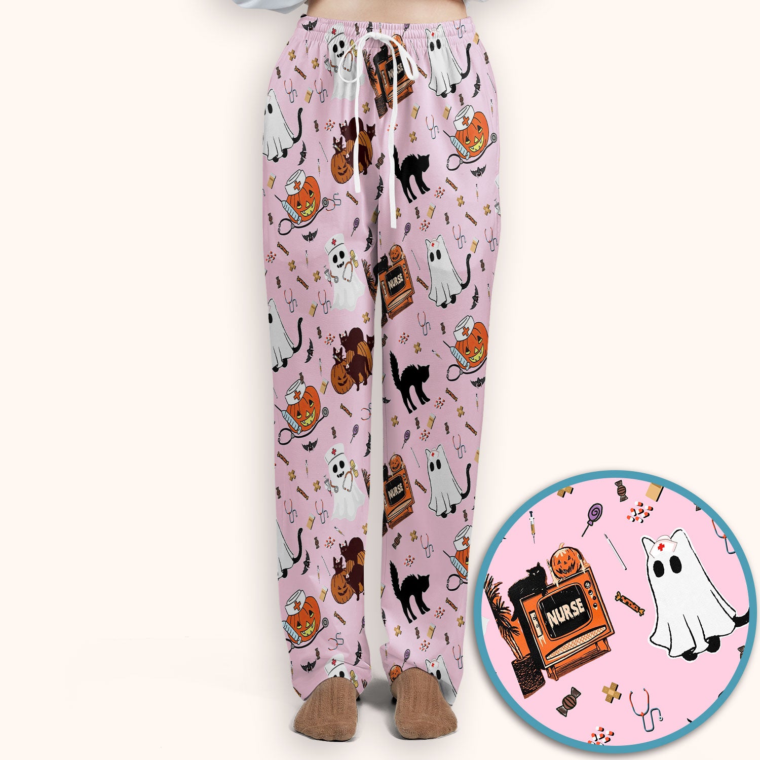 Halloween Scrub Set for Nurse - Cute Pumpkin Ghost Cat Medical Pants and V Neck Top - Spooky Uniform for Women RN CNA LPN
