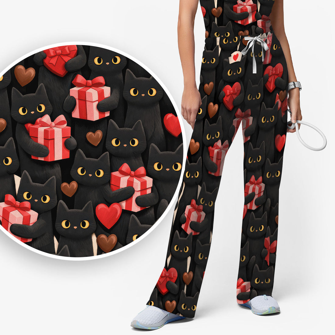 Black Cat Valentine Nurse Scrub Set, Heart Pattern Medical Shirt, Breathable Fabrics Nursing Uniform