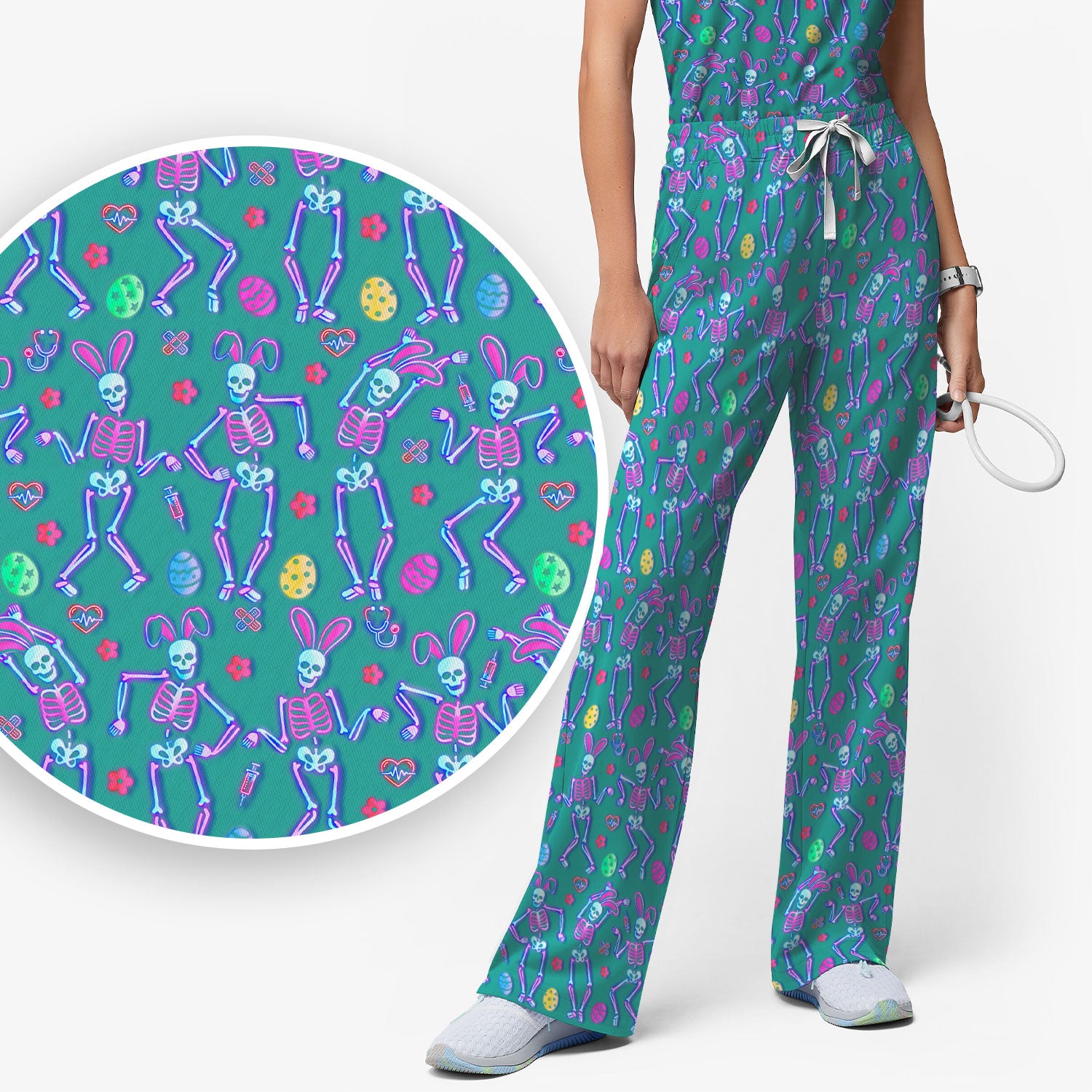 Neon Easter Skeleton Print Scrub Set, Scrub Pants and V Neck Top