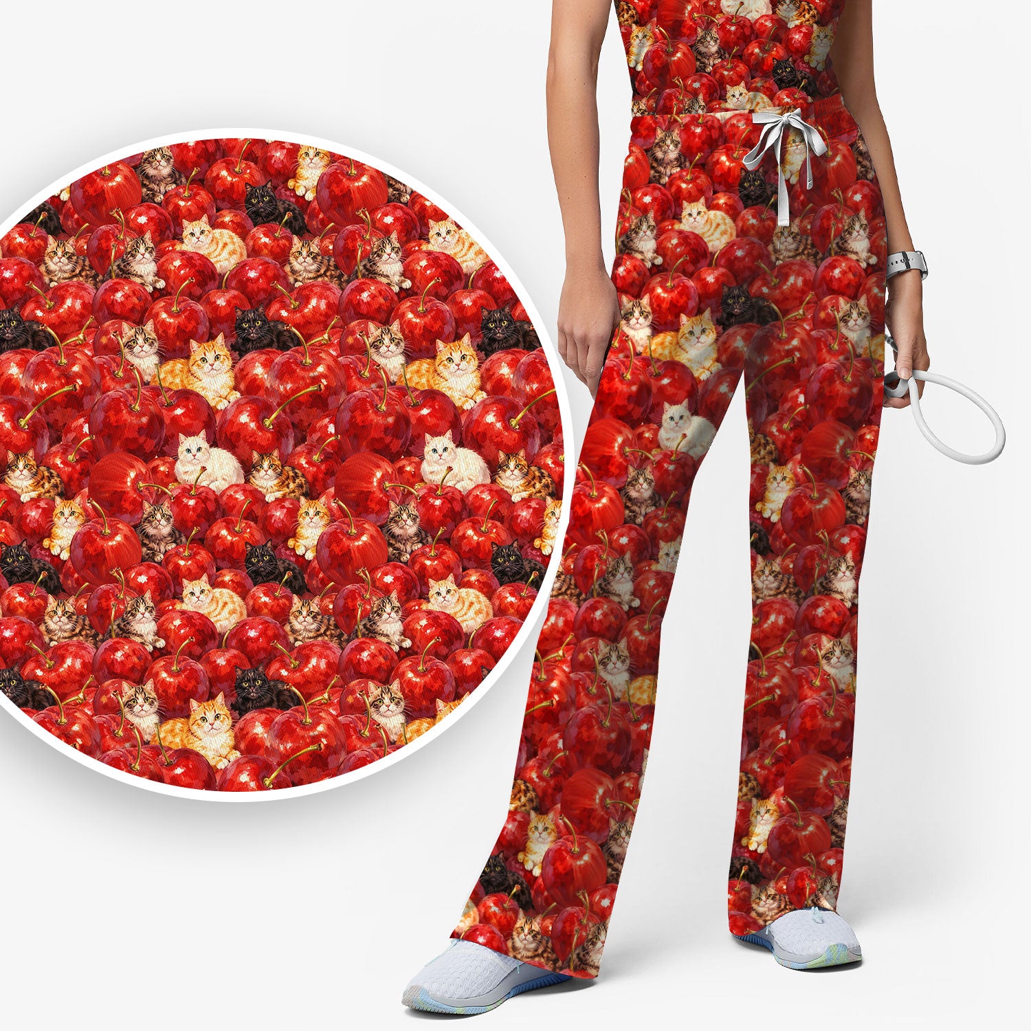 Cute Cat Cherry Pattern Scrub Set,  Scrub Pants and V Neck Top