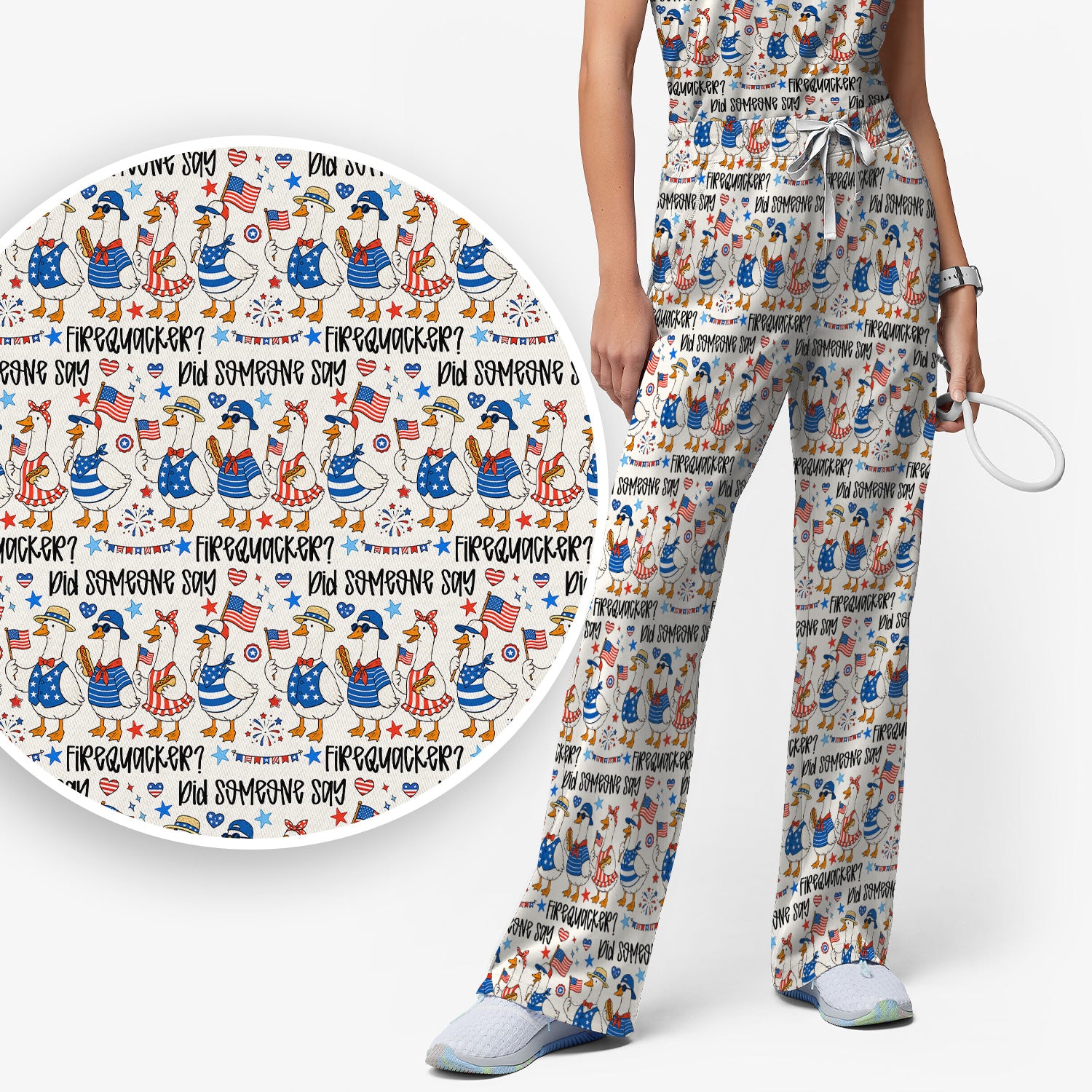 Funny Patriotic Goose Pattern Scrub Set, Scrub Pants and V Neck Top