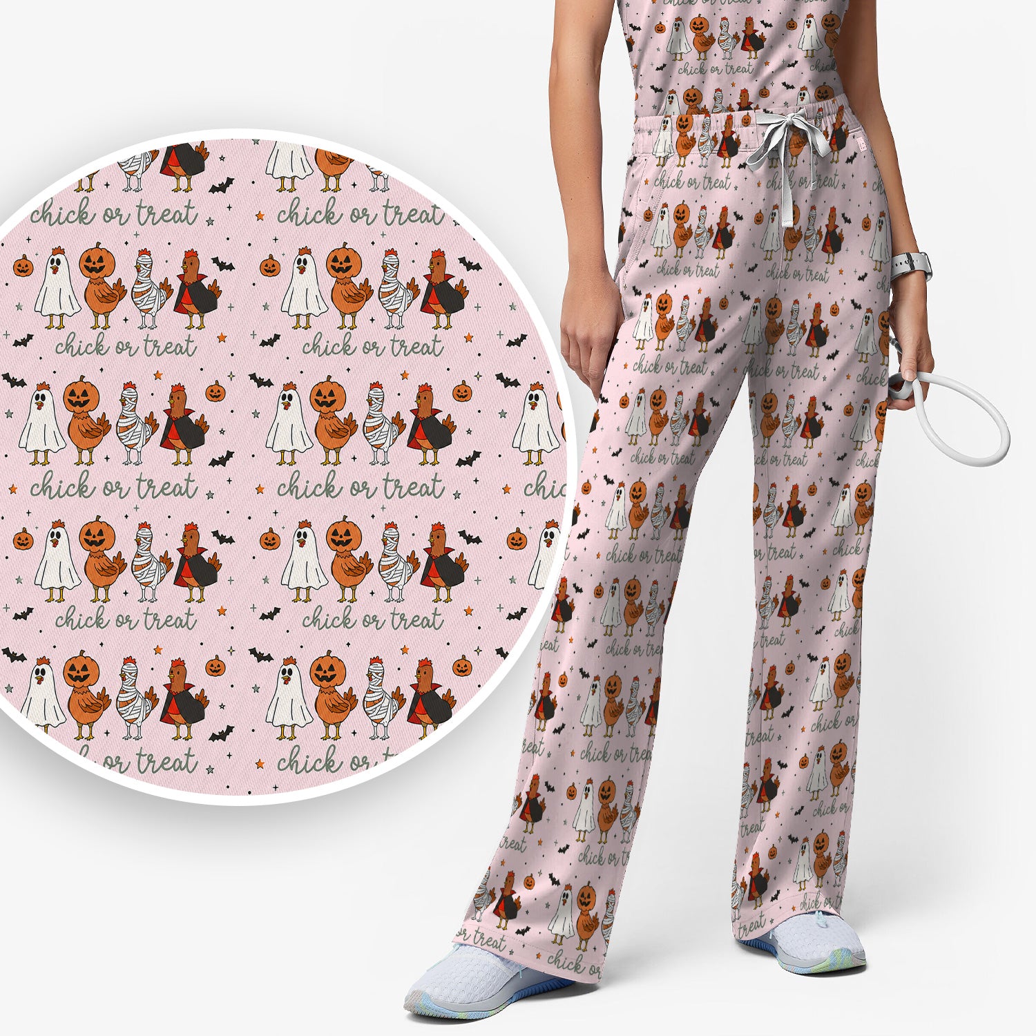 Funny Chick Or Treat Season Scrub Set, Scrub Pants and V Neck Top