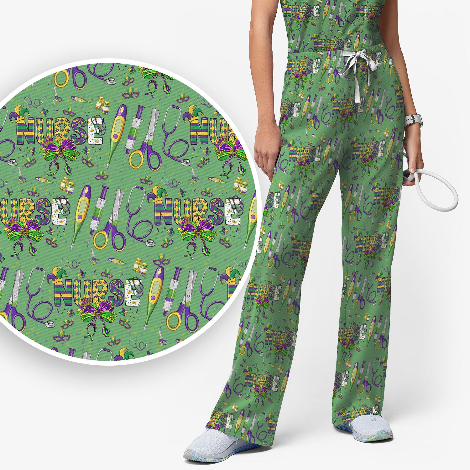 Mardi Gras Nurse Scrub Set, Holiday Medical Pattern Nurse Shirt, Breathable Fabrics Nursing Uniform