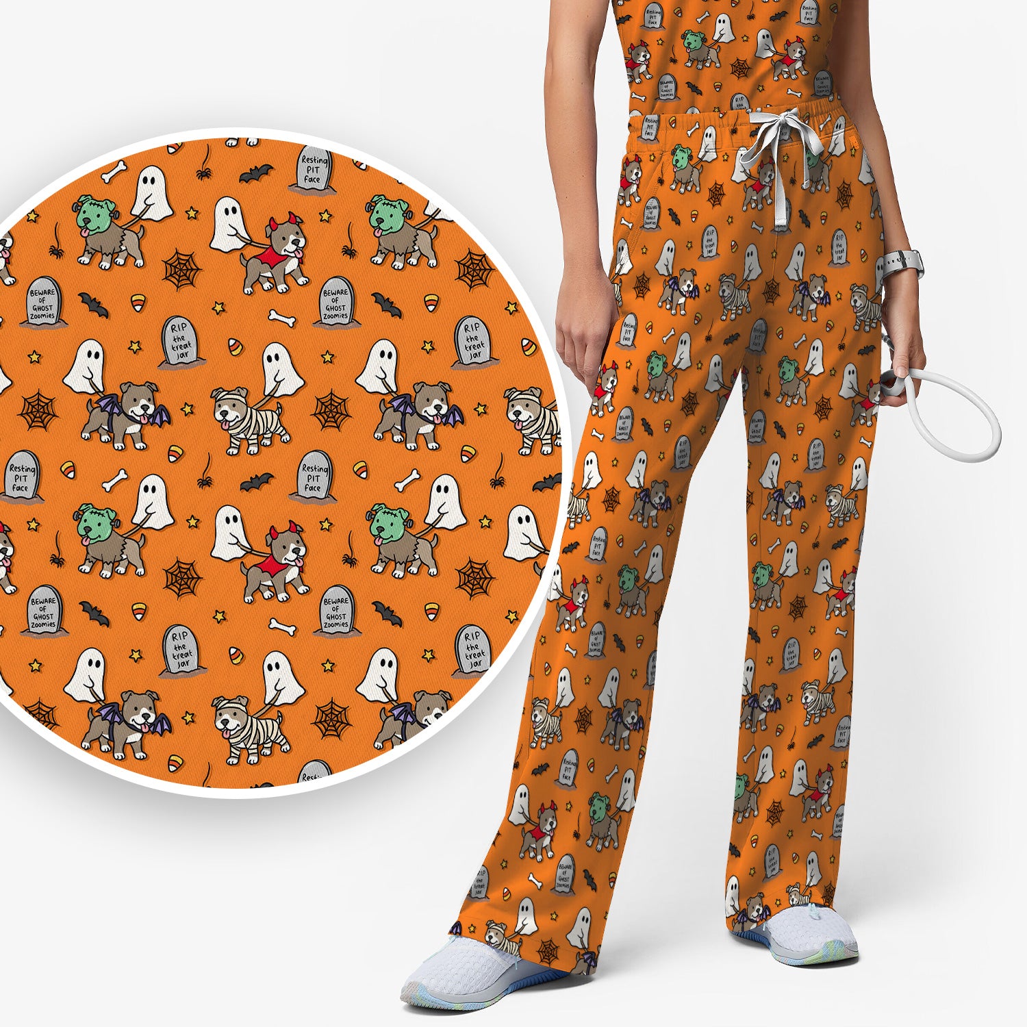 Cute Halloween Pit Bull Costumes Scrub Set, Scrub Pants and V Neck Top