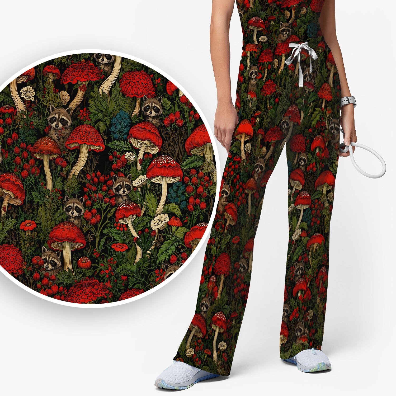 Woodland Raccoon Red Mushroom Pattern Scrub Set, Scrub Pants and V Neck Top