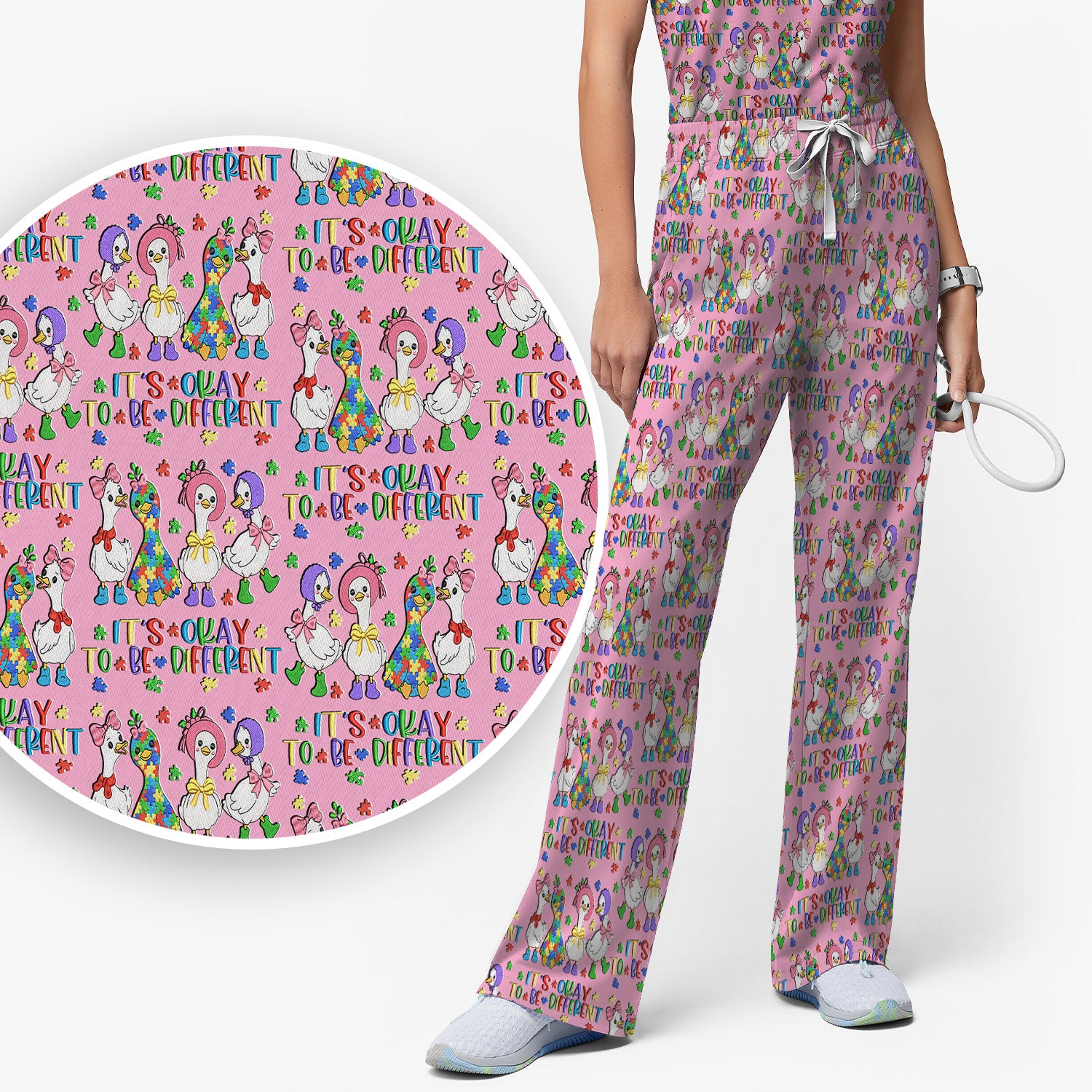 It’s Okay To Be Different Duck Pattern Scrub Set, Nurse Uniform Scrubs Set
