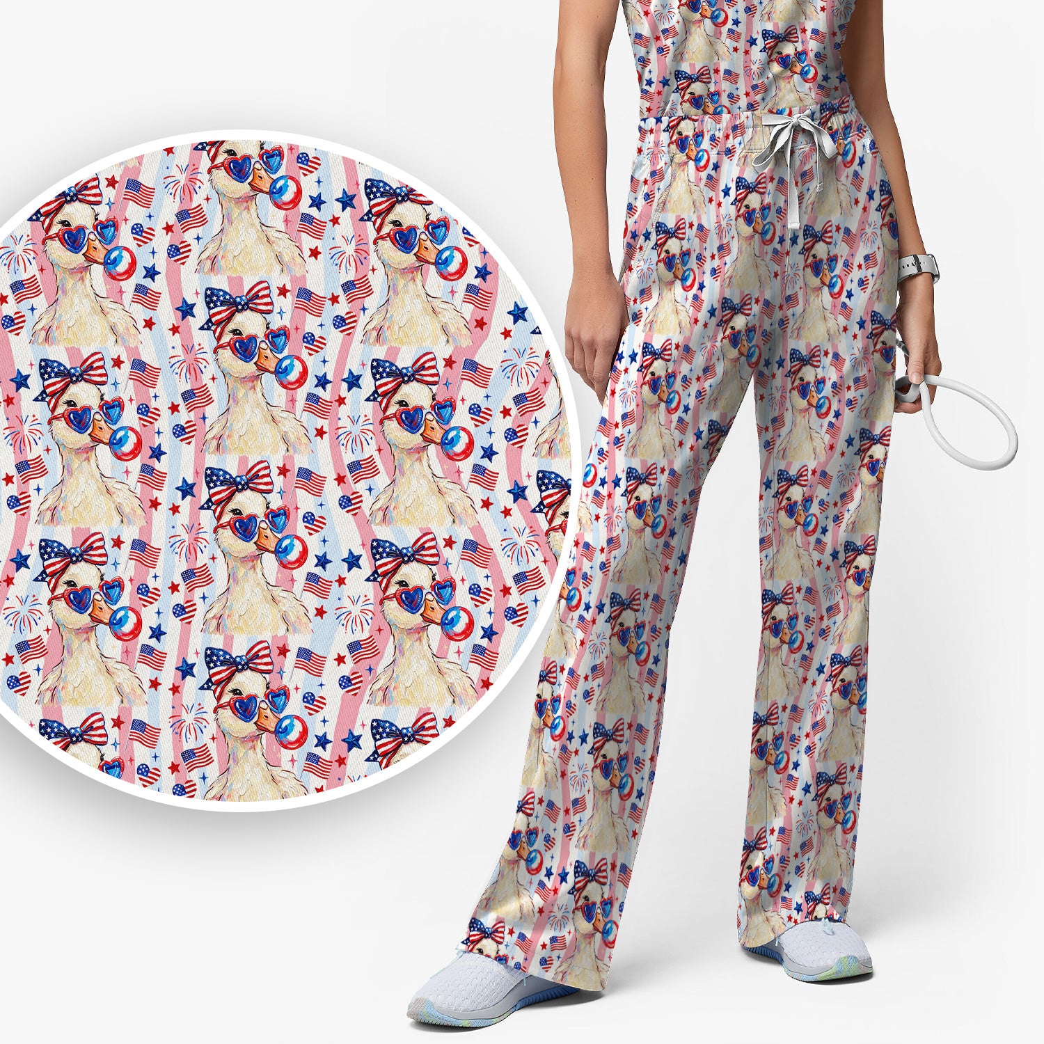 Cute Patriotic Goose Nurse Pattern Scrub Set, Scrub Pants and V Neck Top