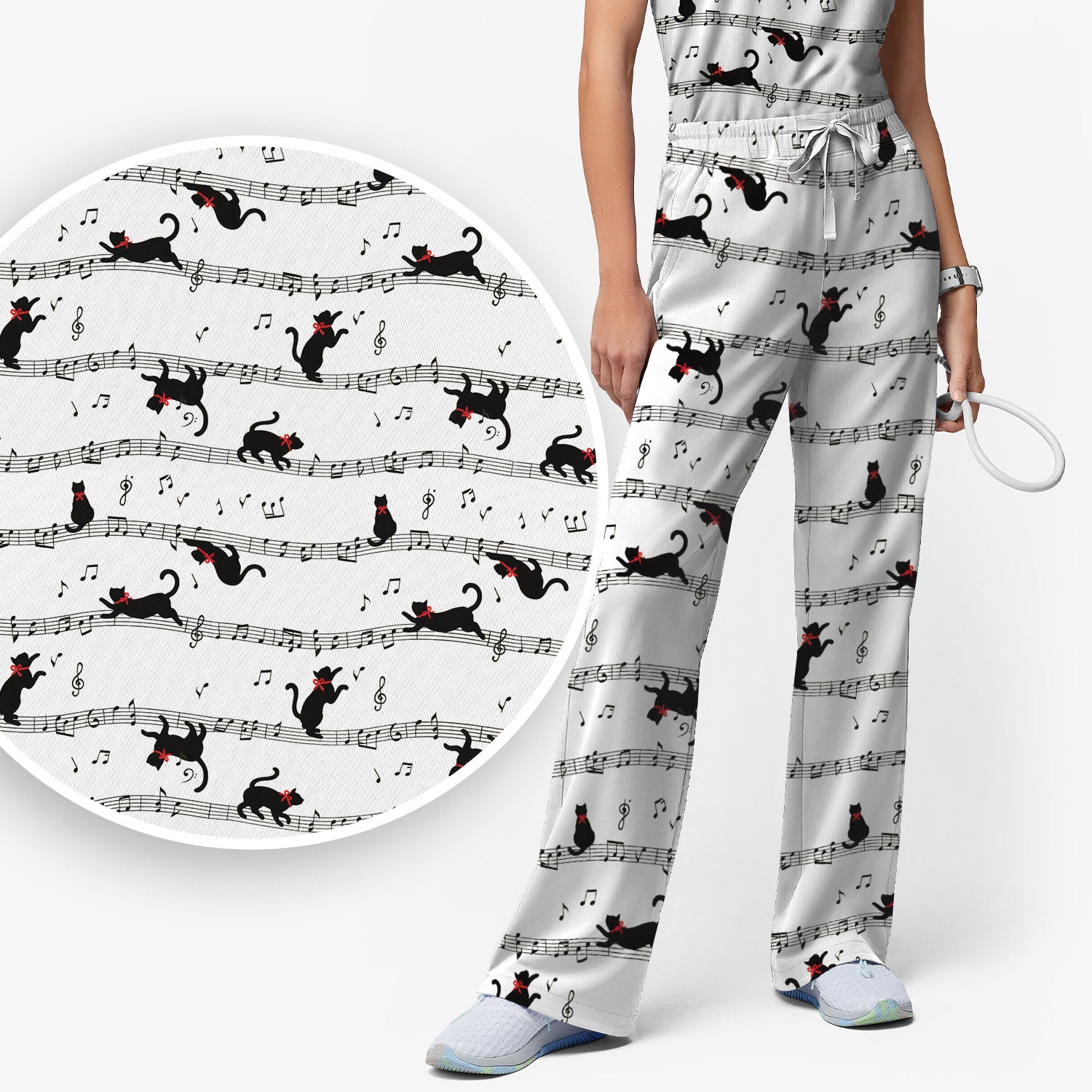 Cute Dancing Black Cat Music Staff Pattern Scrub Set, Scrub Pants and V Neck Top
