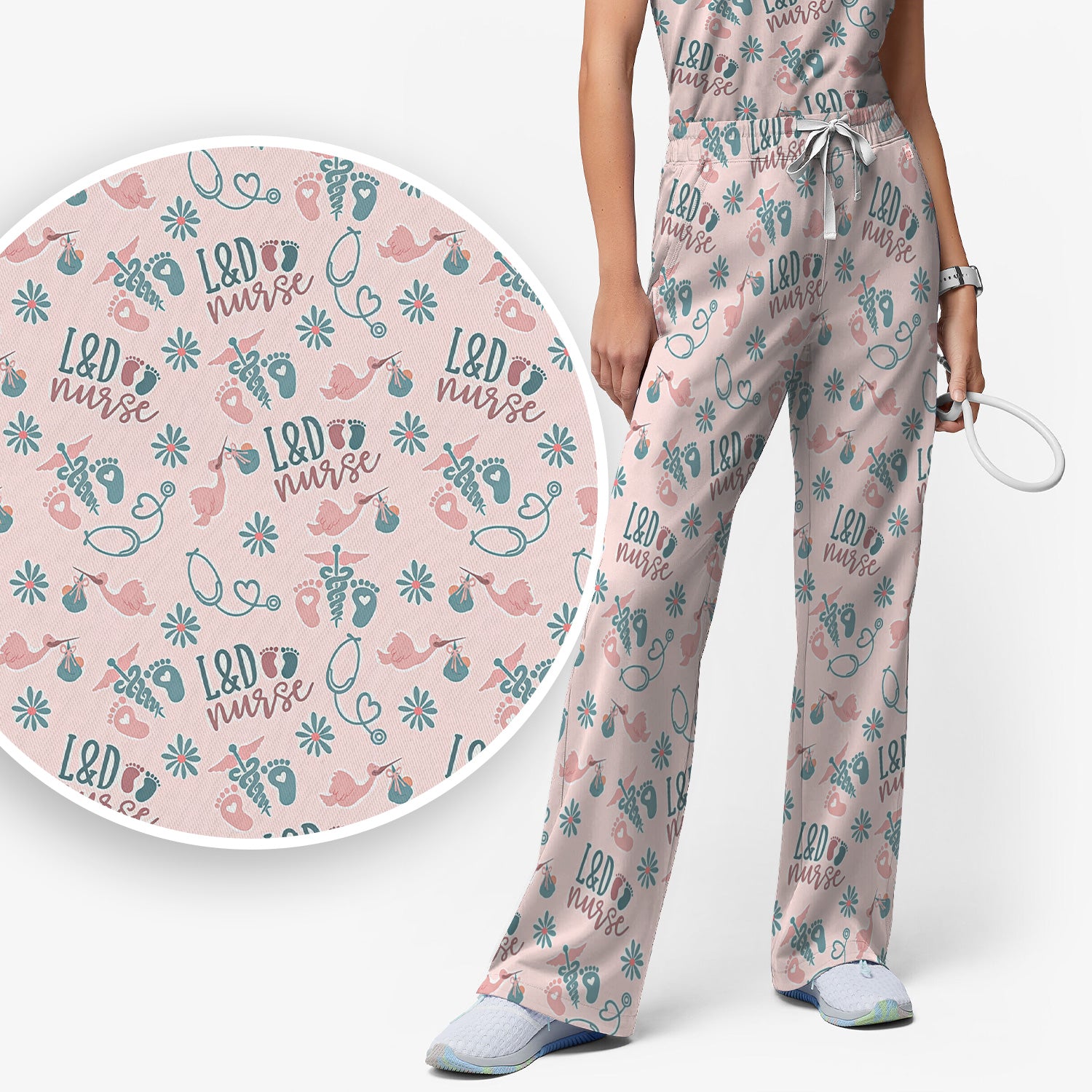 Cute Labor and Delivery Print V Neck Medical Scrub Set Maternity Uniform