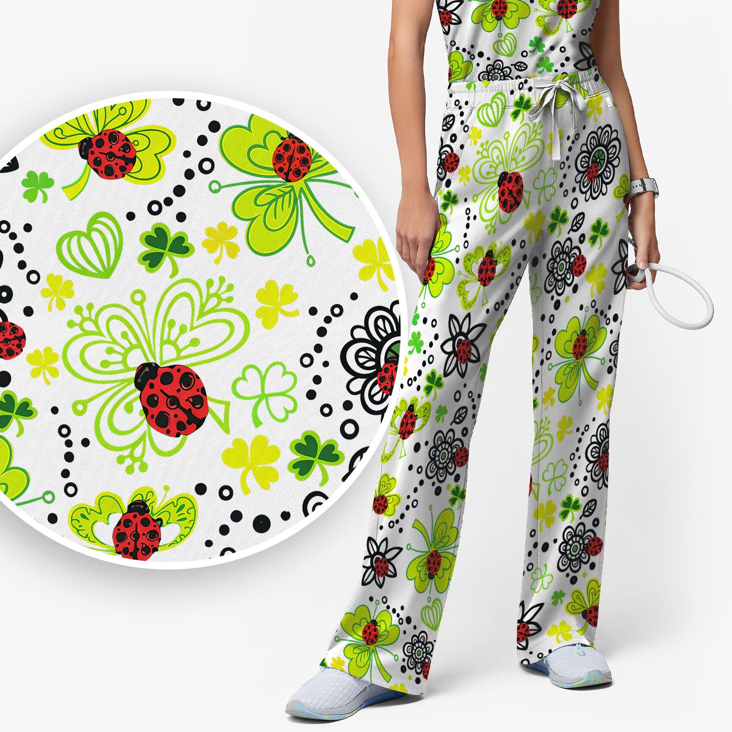Ladybug Clover Floral Pattern Print Scrub Sets, Scrub Pants and V Neck Top