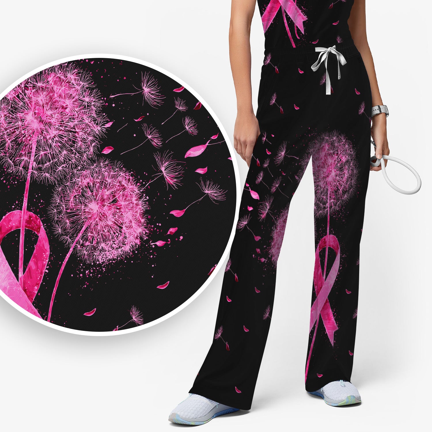 Meaningful Pink Ribbon Dandelion Scrub Set, Scrub Pants and V Neck Top